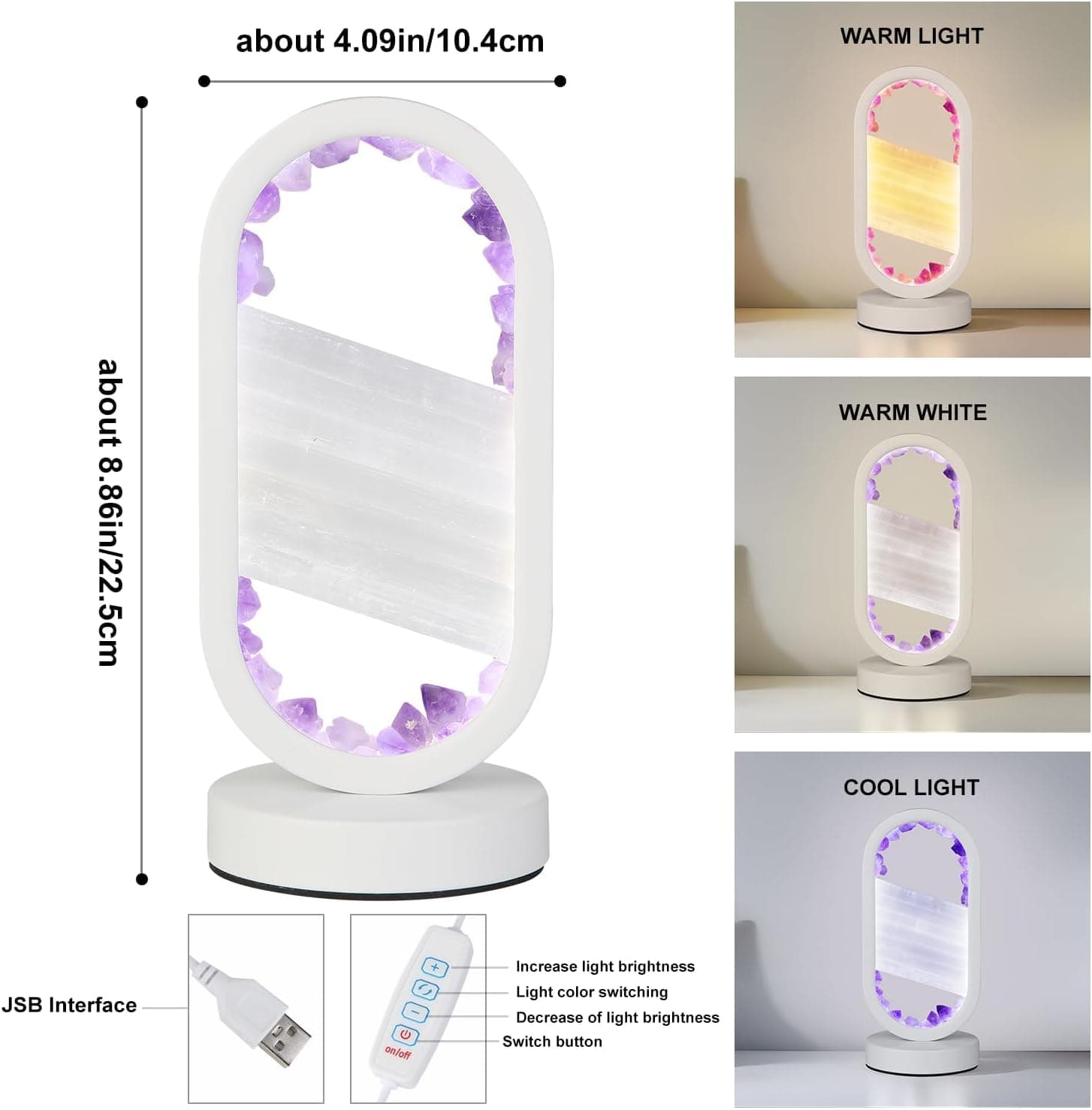 GC QUILL Natural Amethyst and Selenite Crystal Healing Night Table Lamp –3-Color Dimmable Mood Lighting for Meditation Relaxation and Restful Sleep, Purple Crystal Bedroom Decor (White) - Image 4