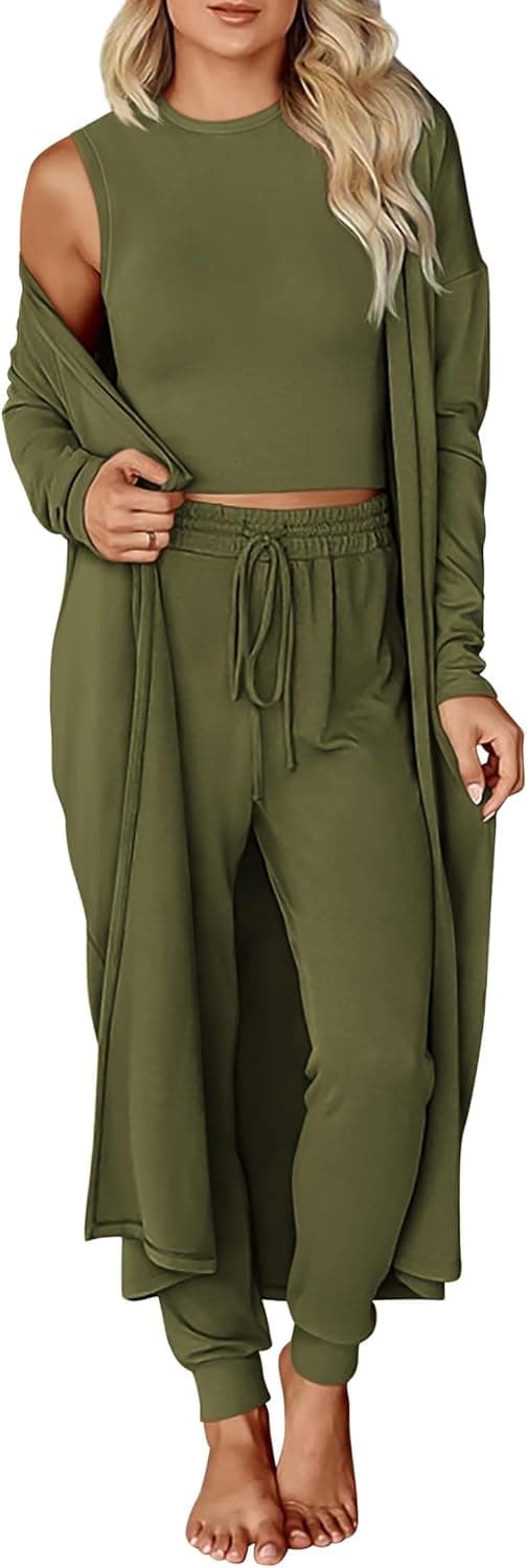 KIRUNDO 3 Piece Lounge Sets for Women Airplane Travel Outfits 2025 Fall Cardigan Sleeveless Top Pants Sets Matching Clothing Army Green X-Large - Image 2
