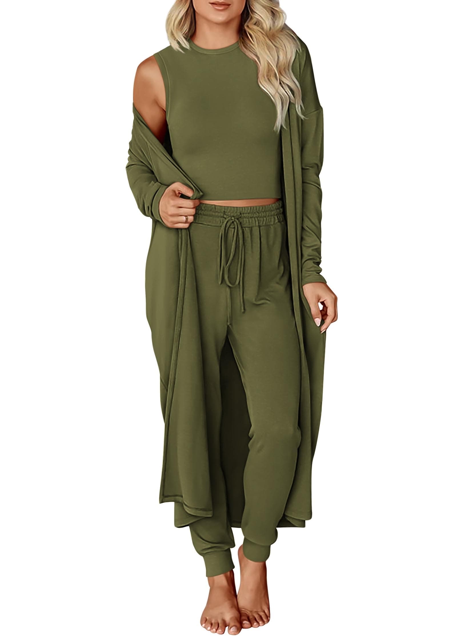 KIRUNDO 3 Piece Lounge Sets for Women Airplane Travel Outfits 2025 Fall Cardigan Sleeveless Top Pants Sets Matching Clothing Army Green X-Large