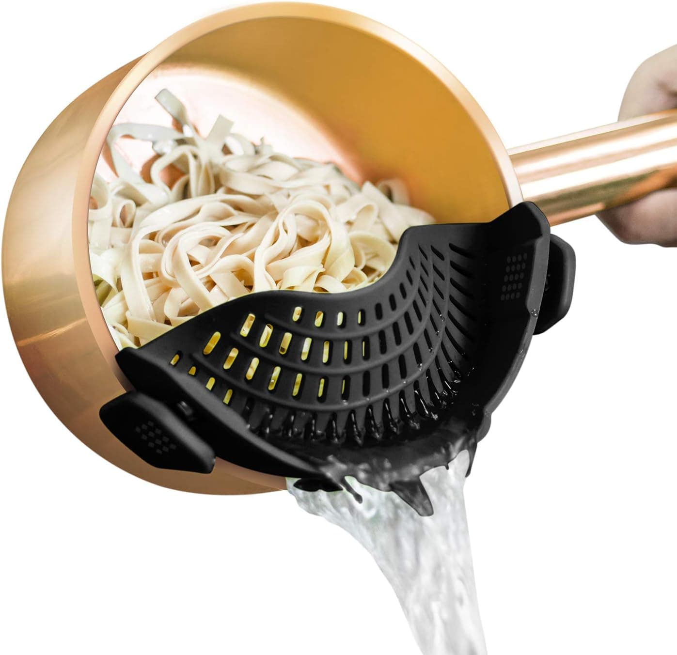AUOON Clip On Strainer Silicone for All Pots and Pans, Pasta Strainer Clip on Food Strainer for Meat Vegetables Fruit Silicone Kitchen Colander Black Standard 8.86 x 3.55 in - Image 2