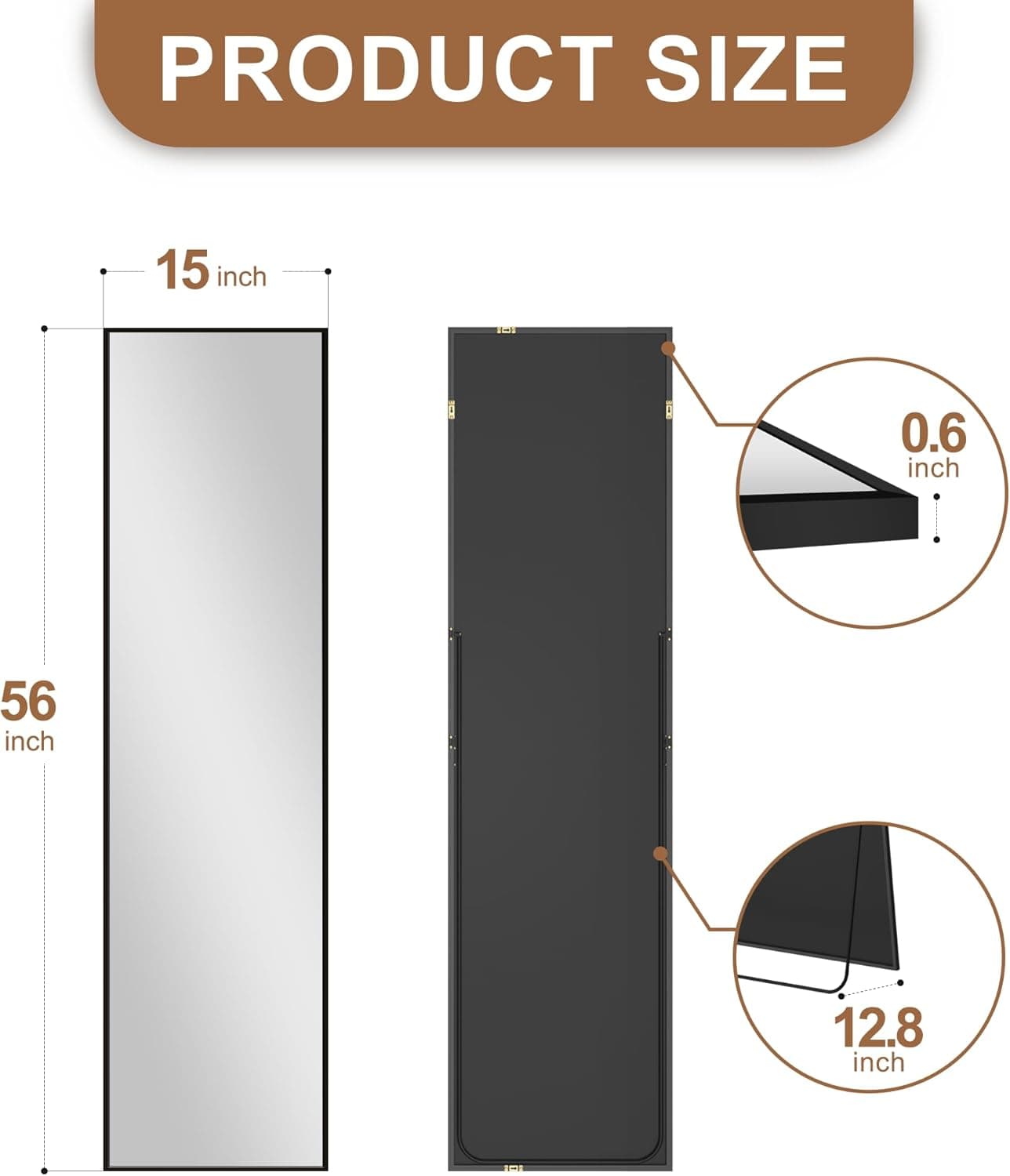 Delma Wall Full Length Mirror,Standing Mirror Full Body,Large Floor for Wall Door Bedroom Bathroom Living Room with Aluminium Frame(with Stand,56x15-Black) Rect Black 56"L x 15"W - Image 6