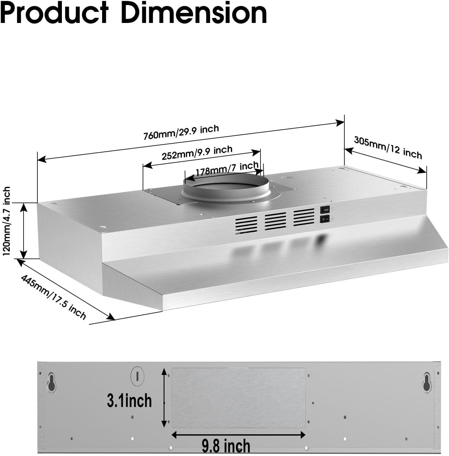 Range Hood 30 inch Under Cabinet, Stainless Steel Kitchen Vent Hood 280CFM, Built-in Kitchen Stove Hood w/Rocker Button Control, Ducted/Ductless Convertible Duct, 2 Speeds Fan, Bright LED Light 30 inch Stainless Steel - Image 7