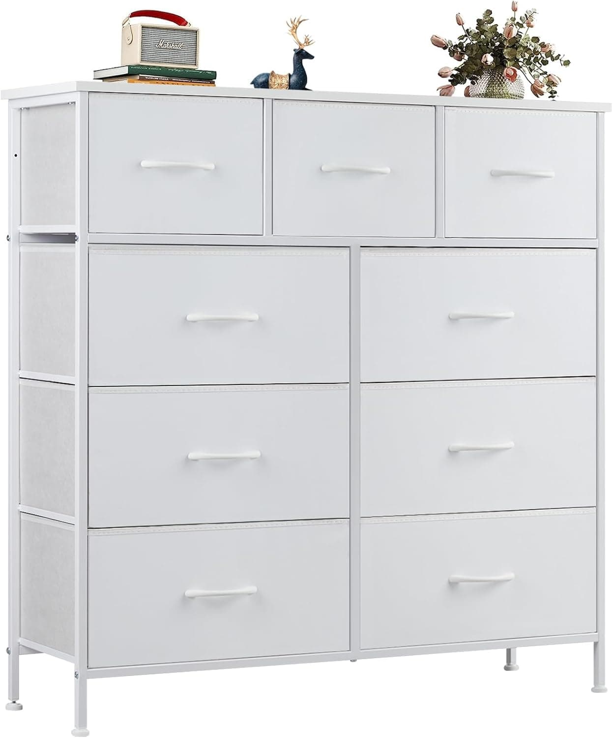 OLIXIS Dresser for Bedroom, 9 Storage Drawers, Wide Fabric Closet Chests Organizer Tower Furniture, TV Stand with Wooden Top Metal Frame for Clothes, Living Room, Hallway, Entryway, Classic White White 11.8"D x 39.4"W x 40"H (9 Drawers) - Image 2