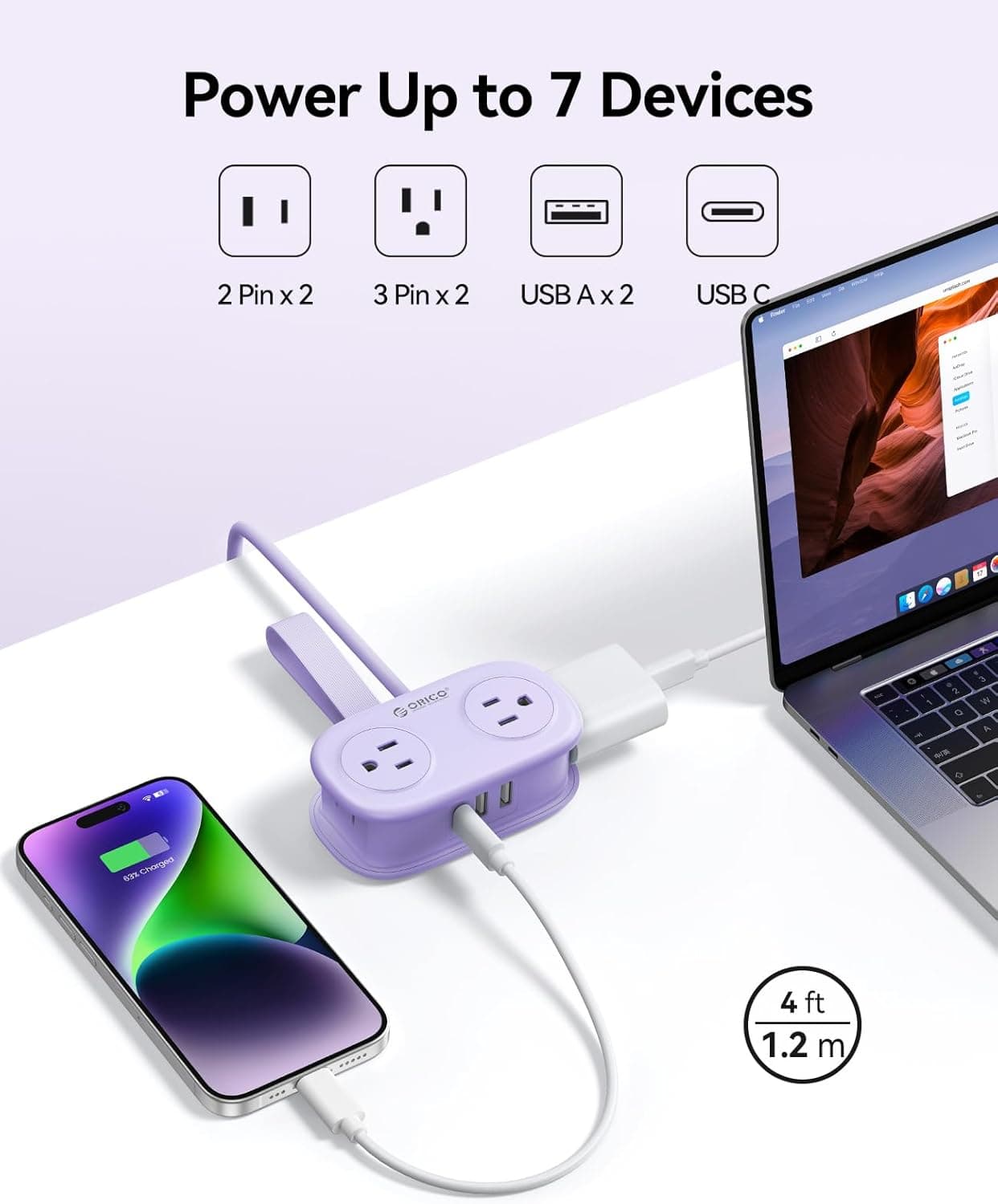 ORICO 4FT Purple Travel Power Strip with 4 AC Outlets, 2 USB-A Ports, and 1 USB-C Port, 45° Flat Plug Extension Cord with Non Surge Protector for Travel/Home/Dorm/Office-AP3 Purple 1 USB-C 2 USB-A | 4 Outlets - Image 4
