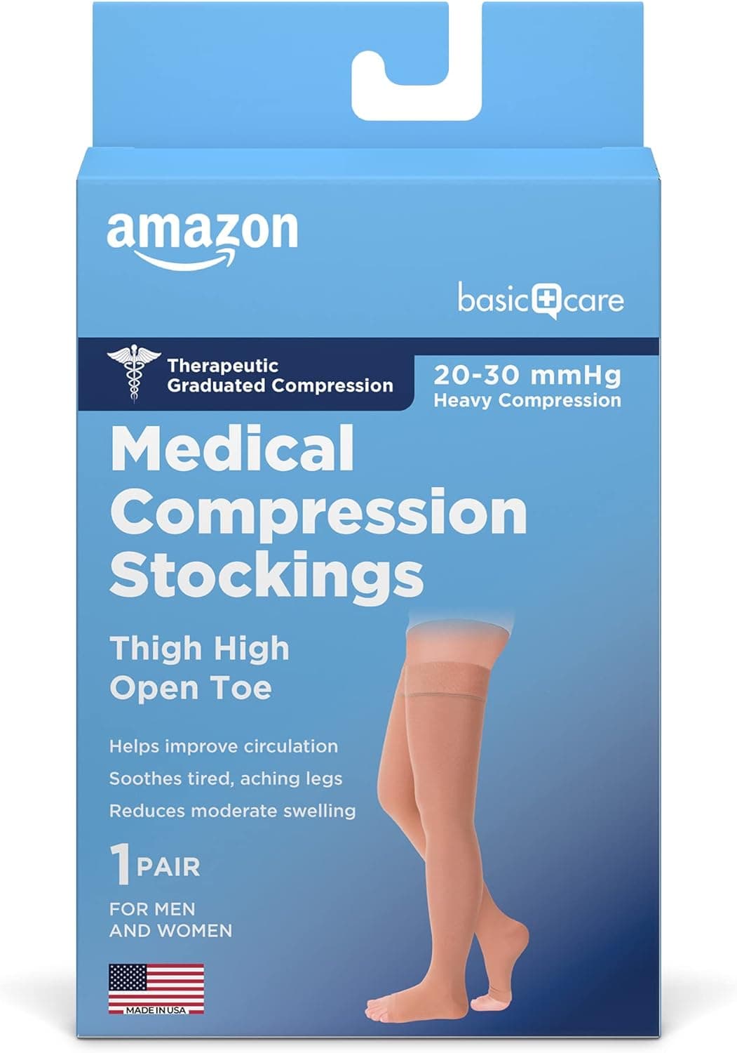 Amazon Basic Care Medical Compression Stockings, 20-30 mmHg Support, Women & Men Thigh Length Hose, Open Toe, Beige, Medium (Previously NuVein) - Image 2