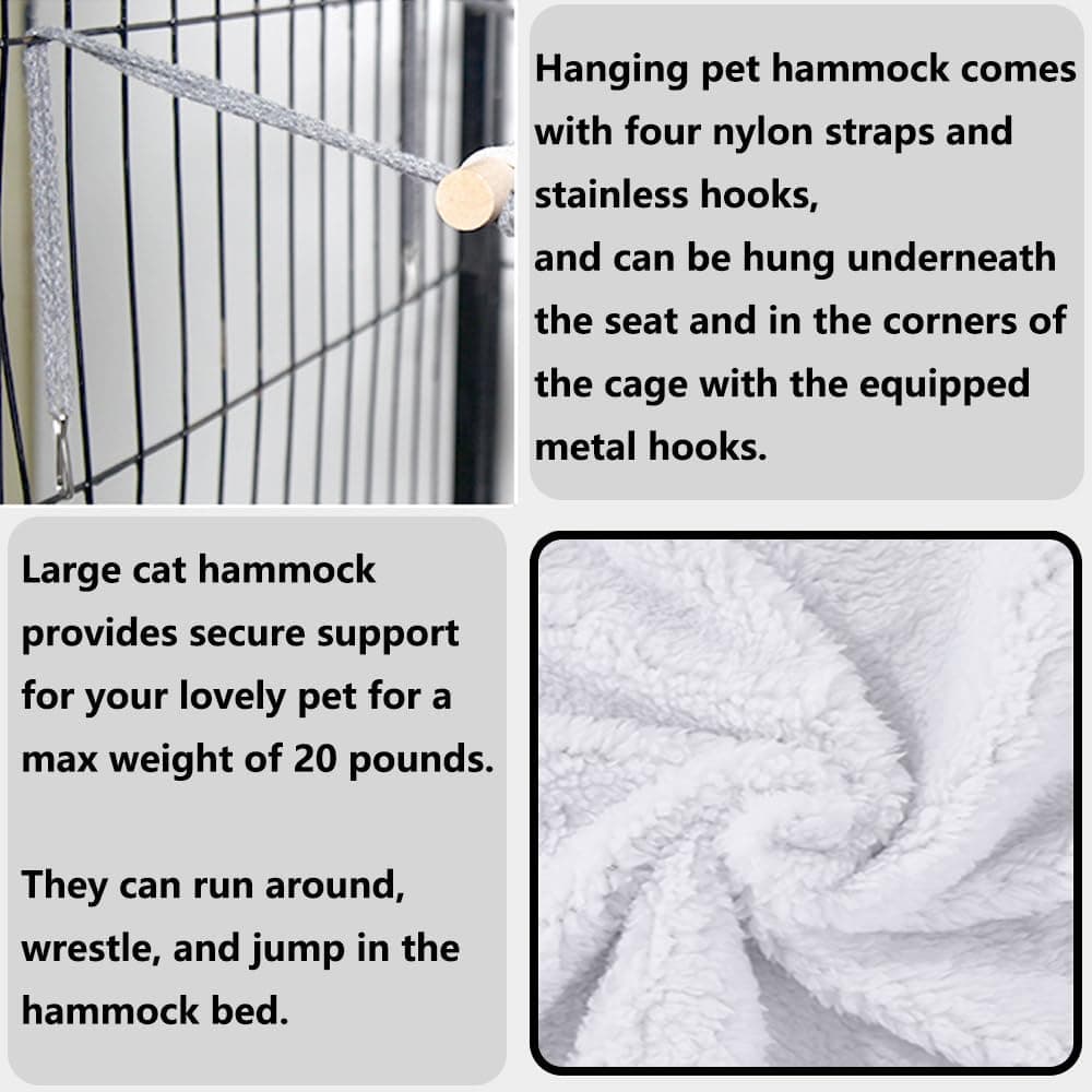 Reversible Cat Hammock for Cage Hanging, Soft Sleeping Bed for Kittens and Small Pets, Features Hardwood Spreader Bars, Portable Hammock can be Tied Between Trees or Posts (Grey+White, Medium) Medium Grey+White - Image 5