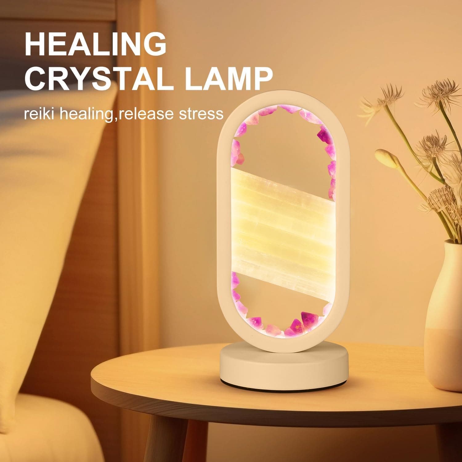GC QUILL Natural Amethyst and Selenite Crystal Healing Night Table Lamp –3-Color Dimmable Mood Lighting for Meditation Relaxation and Restful Sleep, Purple Crystal Bedroom Decor (White) - Image 7