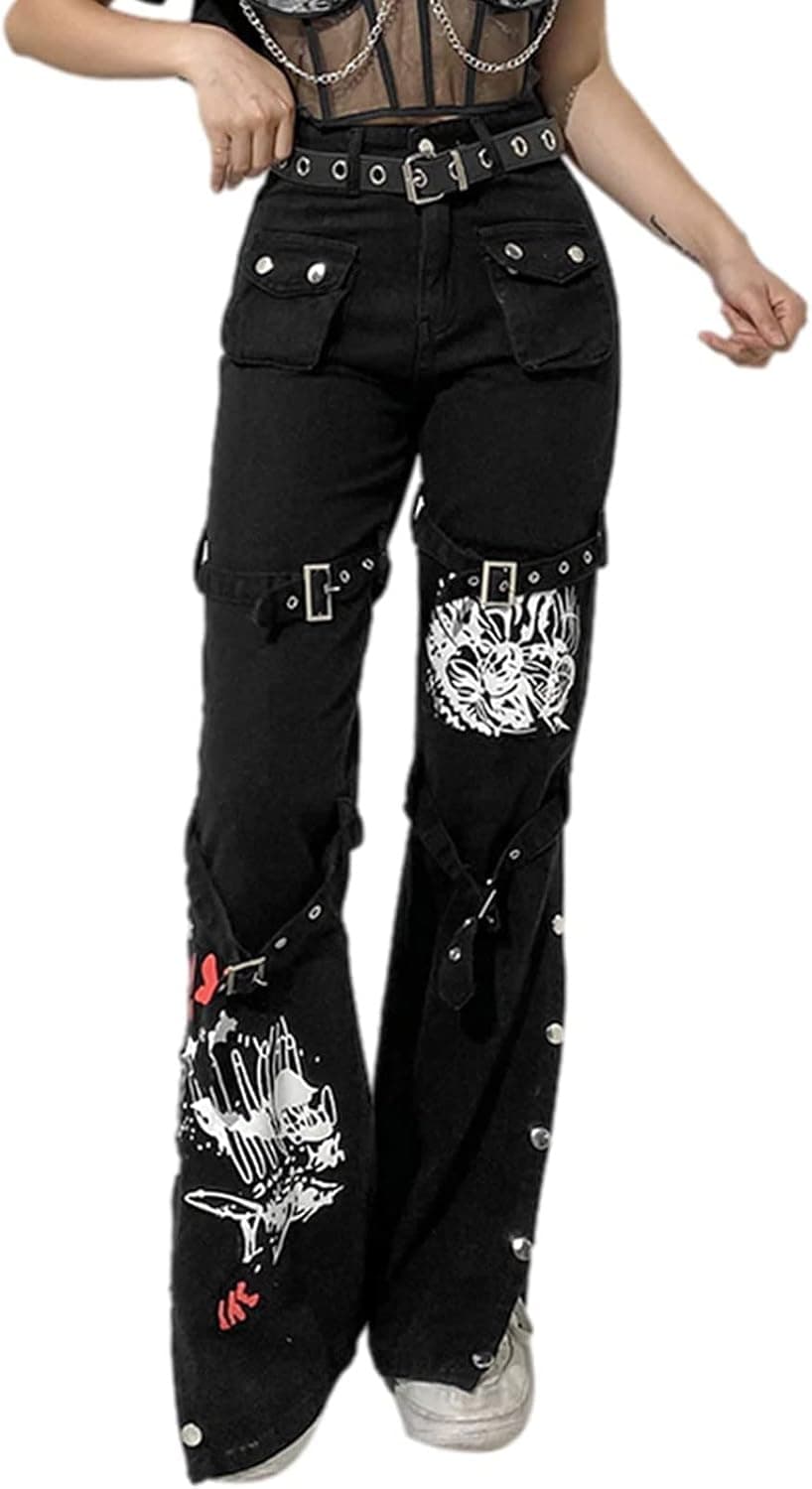 Women Y2k Jeans Grunge Gothic Tripp Pants Punk Goth Pants Vintage Baggy Denim Jeans Trousers Streetwear Large A#black - Image 5