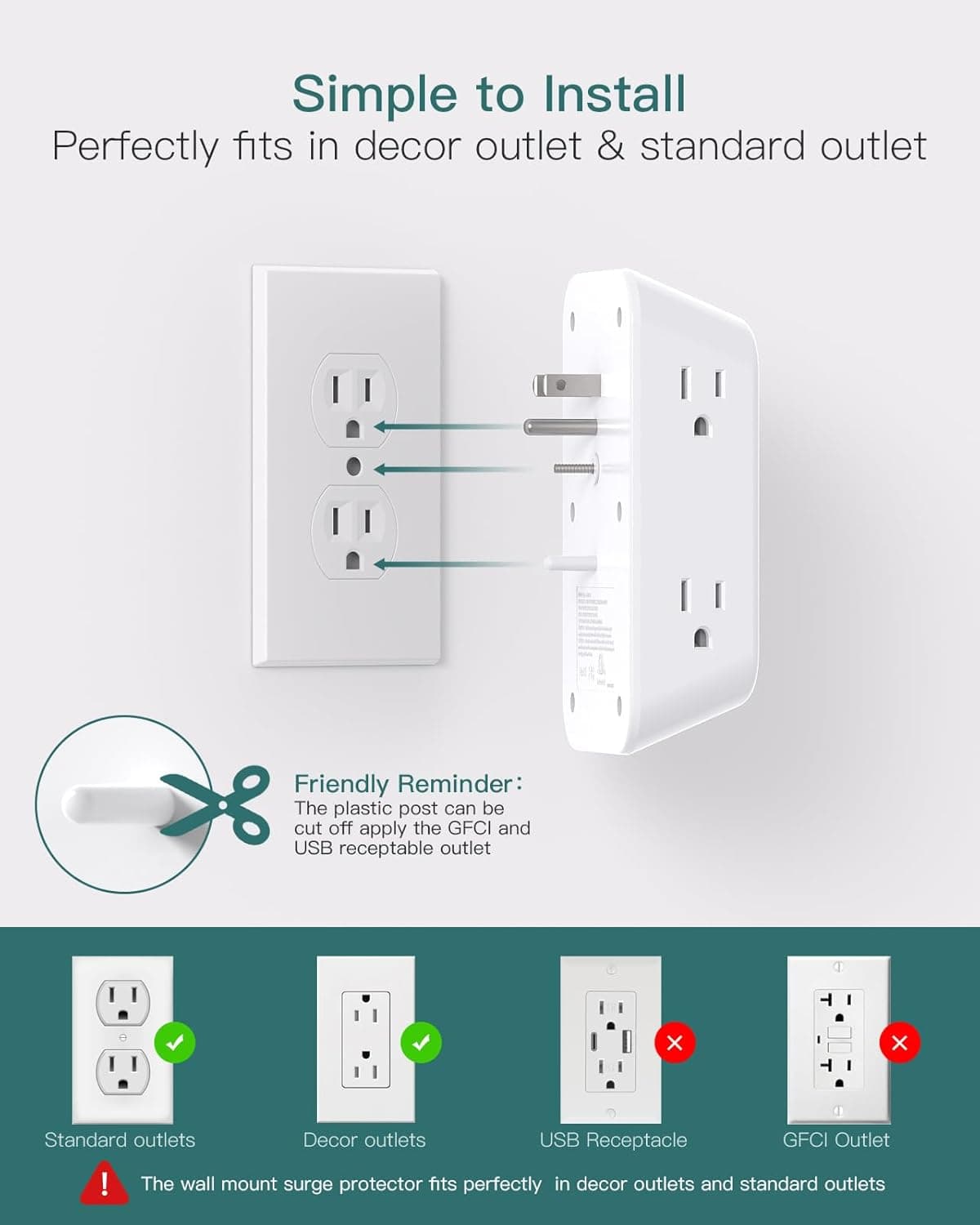Addtam Surge Protector Outlet Extender, 6-Outlet Splitter with 4 USB Wall Charger(2 USB-C Ports), Multi Plug Wall Outlet 1800J Power Strip for Home Office Dorm Room Essentials 6 AC Outlets, 1 Pack - Image 8