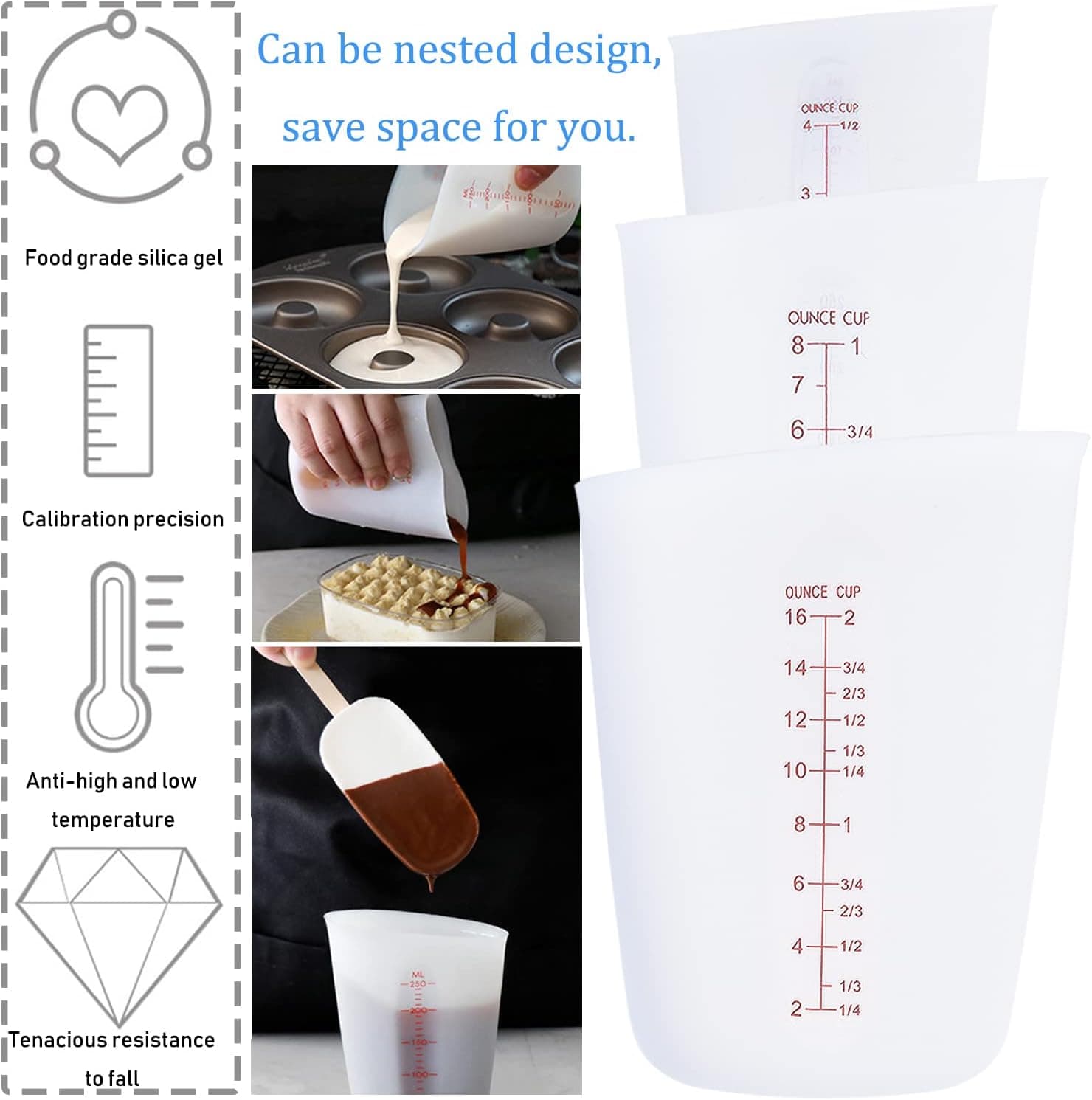 3 PCS Silicone Flexible Measuring Cups,Melting Cups for Epoxy Resin,Butter,Chocolate and More,2 Cup&1 Cup&1/2 Cup,Squeeze and Pour Silicone Measuring Cup with Marking Ounce/ML - Image 6