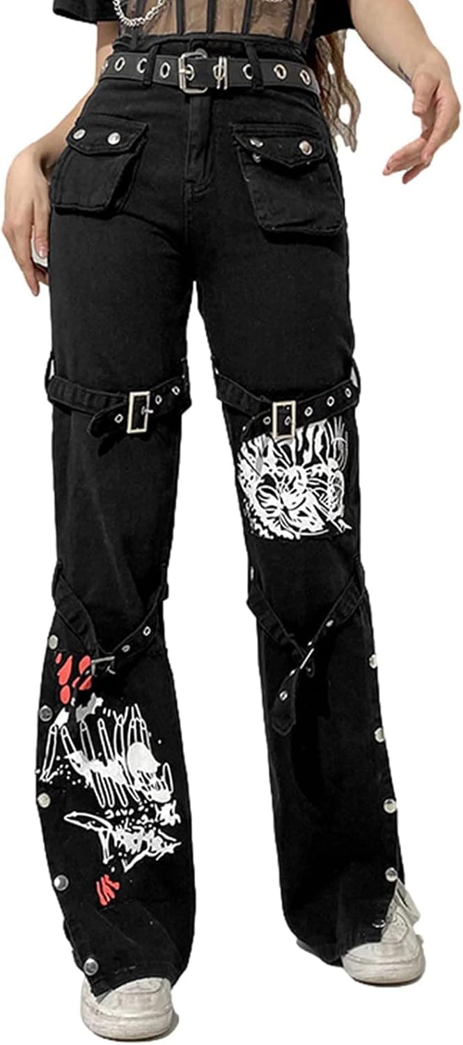 Women Y2k Jeans Grunge Gothic Tripp Pants Punk Goth Pants Vintage Baggy Denim Jeans Trousers Streetwear Large A#black - Image 3