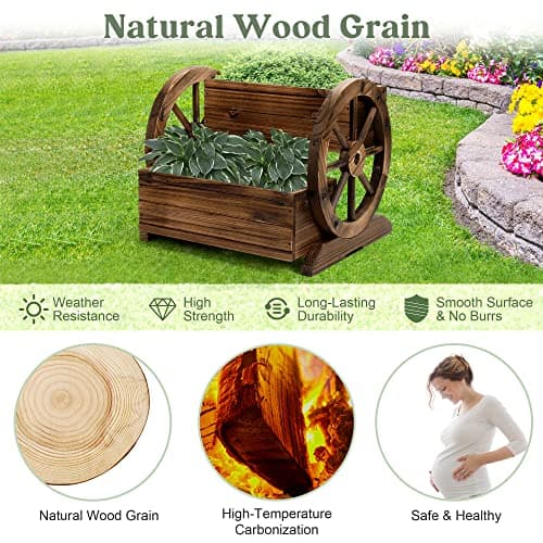 OIPRTGFJ Wooden Wagon Planter Box, Garden Planter with Wheels,Decorative Planter for Flowers Herbs Vegetables for Indoor & Outdoor Décor, Flower Cart for Patio Garden Balcony - Image 5