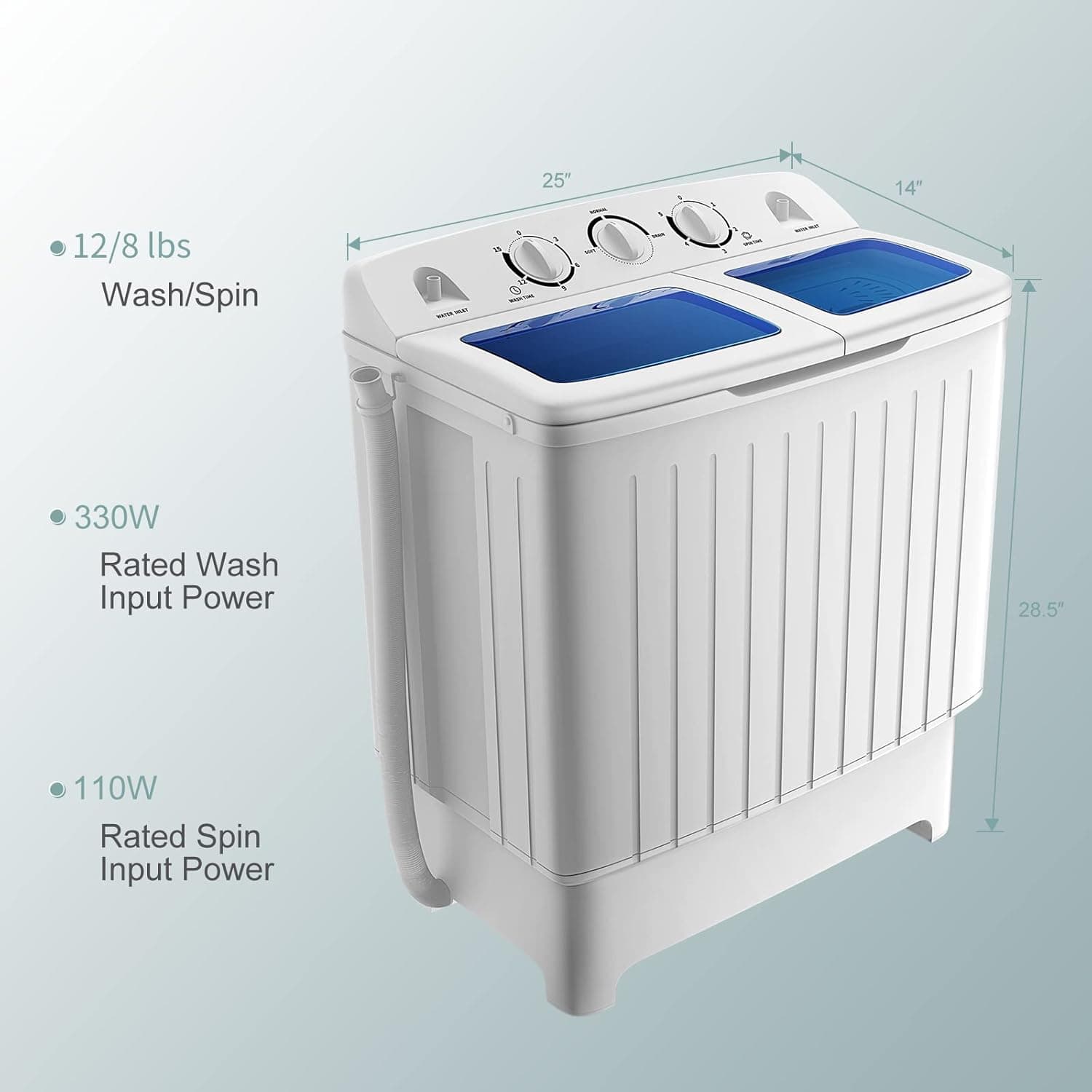 COSTWAY Portable Washing Machine, Twin Tub 20 Lbs Capacity, Compact Laundry Washer(12 Lbs) and Spinner(8 Lbs), Durable Design, Timer Control, Perfect for RV, Apartments and Dorms, Blue+White Blue + White - Image 2