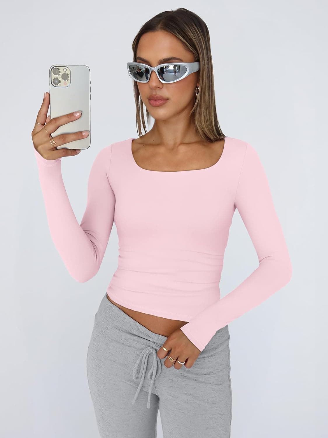 Trendy Queen Womens Long Sleeve Shirts Crop Tops Fall Fashion 2025 Square Neck Going Out Basics Tees Y2k Clothes Small Pink - Image 3