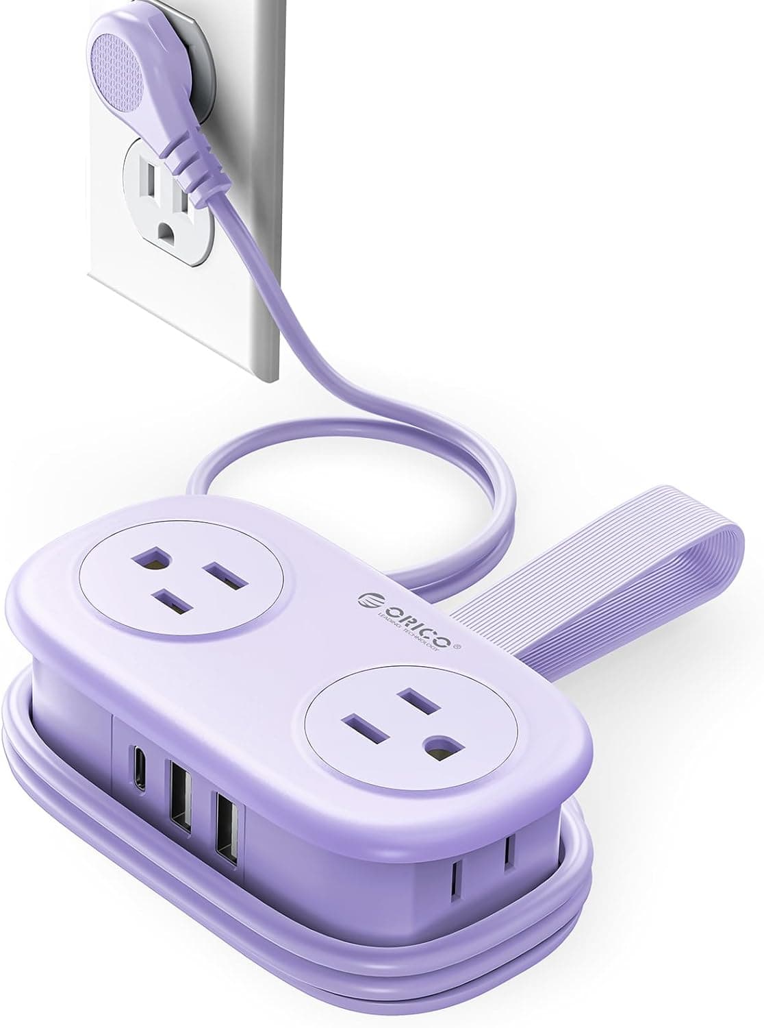 ORICO 4FT Purple Travel Power Strip with 4 AC Outlets, 2 USB-A Ports, and 1 USB-C Port, 45° Flat Plug Extension Cord with Non Surge Protector for Travel/Home/Dorm/Office-AP3 Purple 1 USB-C 2 USB-A | 4 Outlets - Image 2