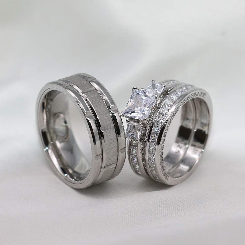 TWO RINGS Wedding Ring Sets His And Hers Promise Ring Couples Bridal Sets Women 925 Sterling Silver square Cz Man Stainless Steel Brushed Finished Wedding Bands White women's size 8 & men's size 11 - Image 7