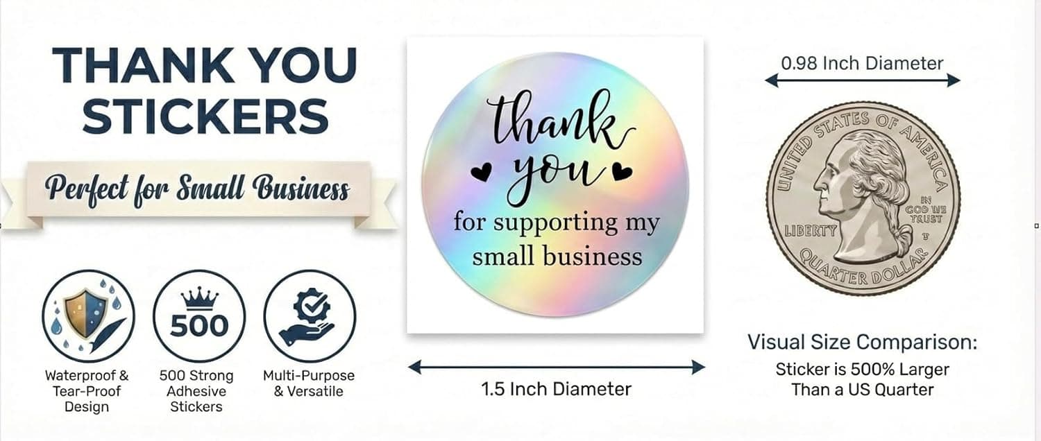 500 PCS Holographic Thank You for Supporting My Small Business Stickers – 1.5 Inch Round Self-Adhesive Waterproof Labels – Eye-Catching Packaging Seals for Orders, Gift Bags, Boxes & Envelopes - Image 4