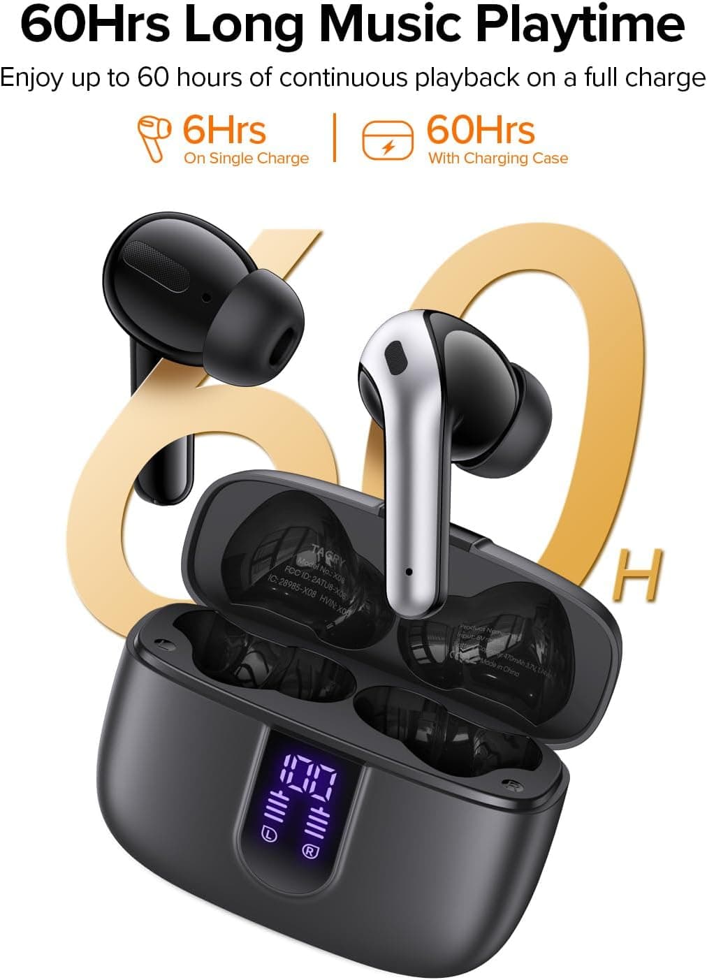 TAGRY Bluetooth Headphones True Wireless Earbuds 60H Playback LED Power Display Earphones with Wireless Charging Case IPX5 Waterproof in-Ear Ear buds with Mic for TV Smart Phone Laptop Computer Sports M Black - Image 4
