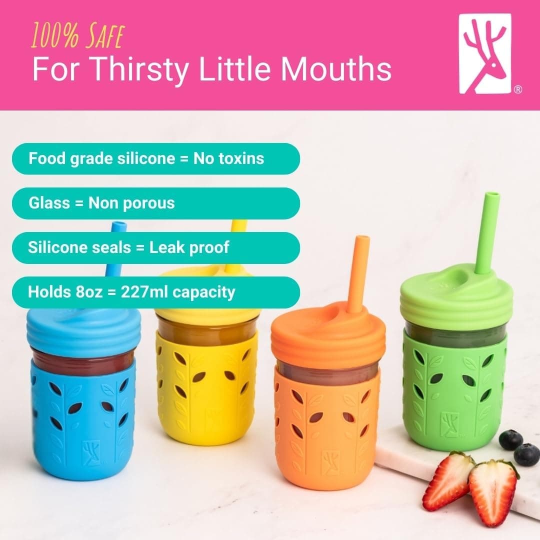 Elk and Friends Kids + Toddler Glass Cups | The Original 8oz Glass Mason Jar with Sleeves + Lids | Silicone Straws + Stopper | Smoothie Cup | Food Storage | Spill Resistant | Dishwasher Safe | 4 Pack Gray/Sage/MistyBlue/Navy 4 Pack - Image 4
