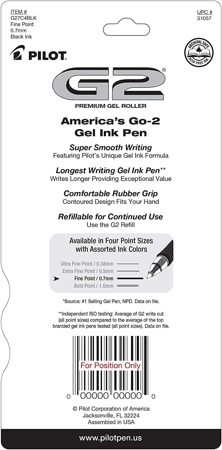 Pilot G2 Premium Gel Roller Pens 0.7, Plumas de Gel de Punta Fina para Escritura Suave en Negro, Paquete de 4 - Image 3