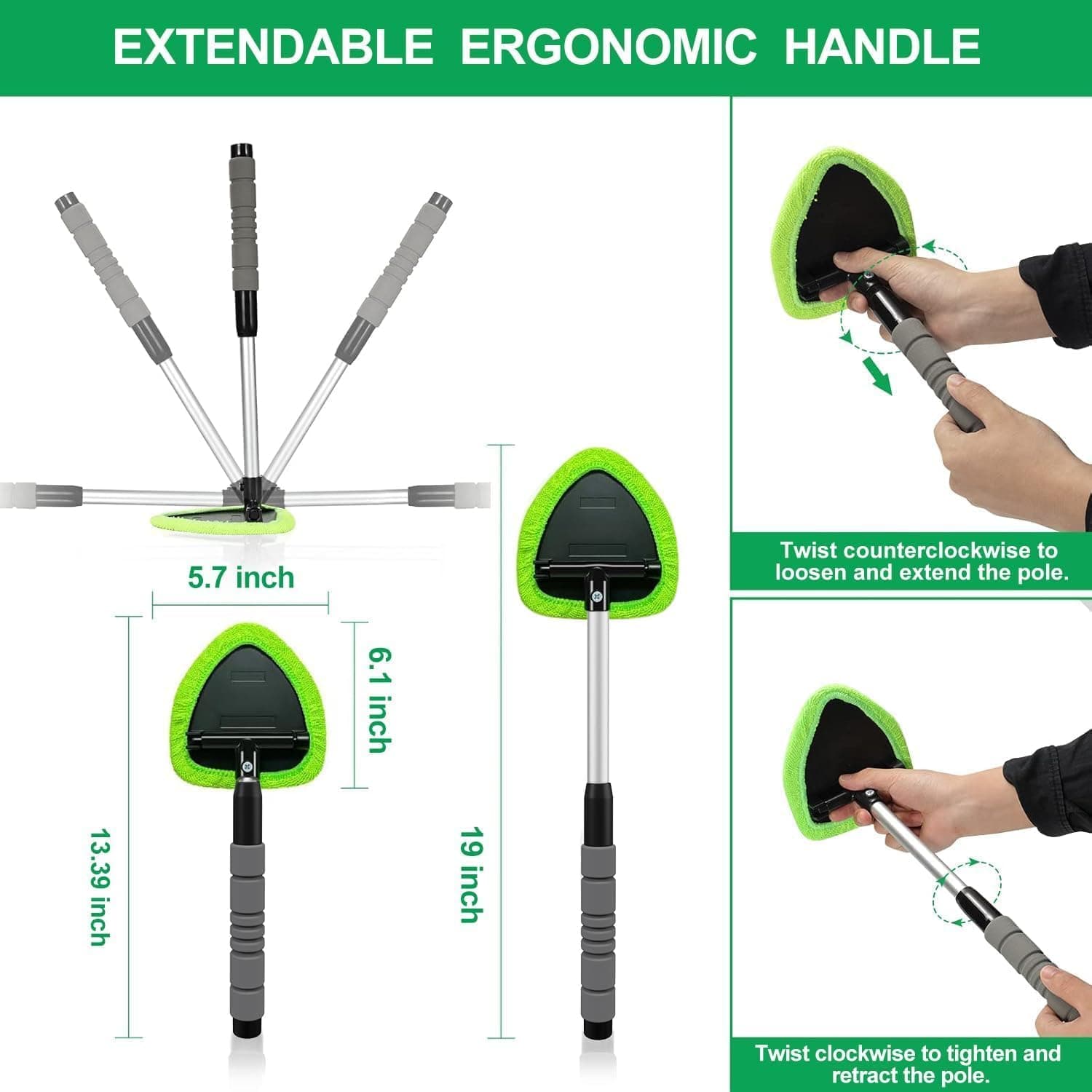 XINDELL Windshield Cleaner Tool – Upgrade Large Head Car Interior&Exterior Window Cleaning Kit with Extendable Handle & 4 Mic - Image 8