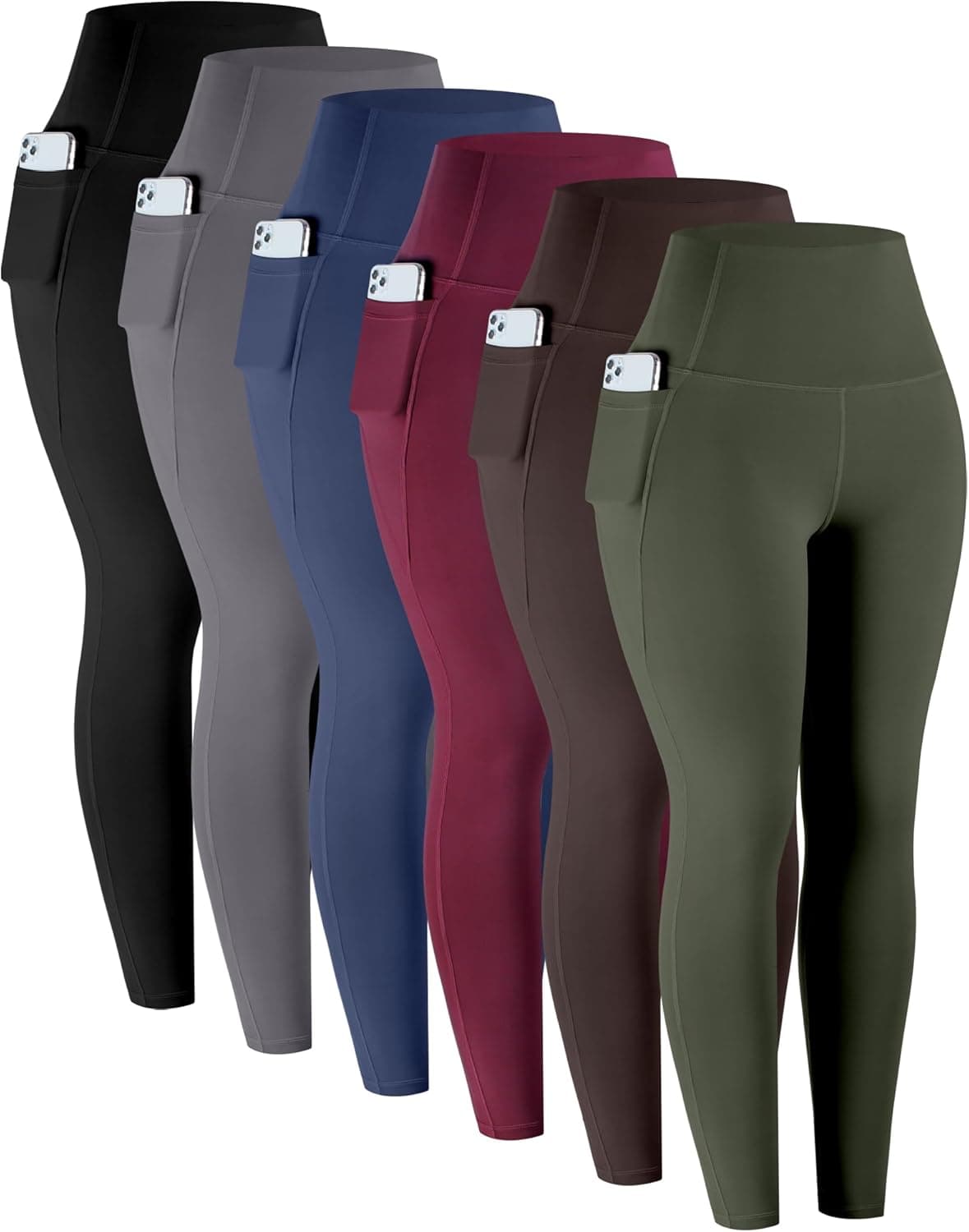 LZYVOO Leggings with Pockets for Women, 6 Packs Soft High Waisted Tummy Control Workout Yoga Pants 6 Packs - Black,gray,navy,burgundy,army Green,brown X-Large - Image 2