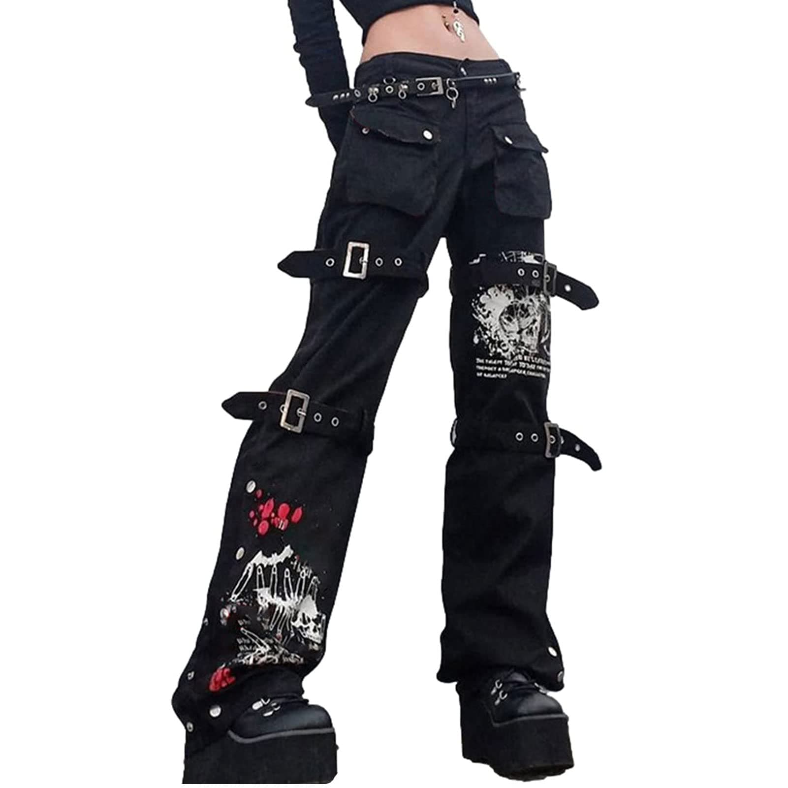 Women Y2k Jeans Grunge Gothic Tripp Pants Punk Goth Pants Vintage Baggy Denim Jeans Trousers Streetwear Large A#black