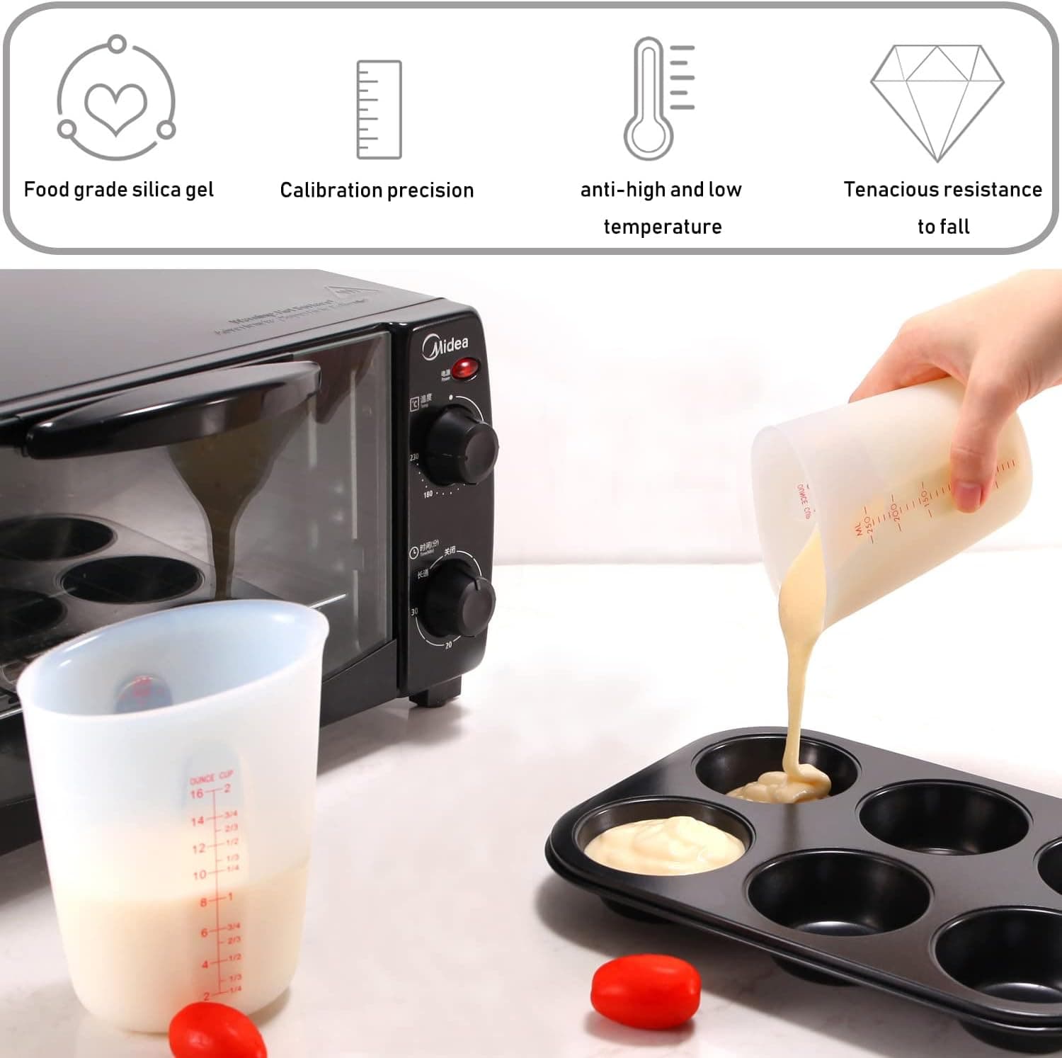 3 PCS Silicone Flexible Measuring Cups,Melting Cups for Epoxy Resin,Butter,Chocolate and More,2 Cup&1 Cup&1/2 Cup,Squeeze and Pour Silicone Measuring Cup with Marking Ounce/ML - Image 8