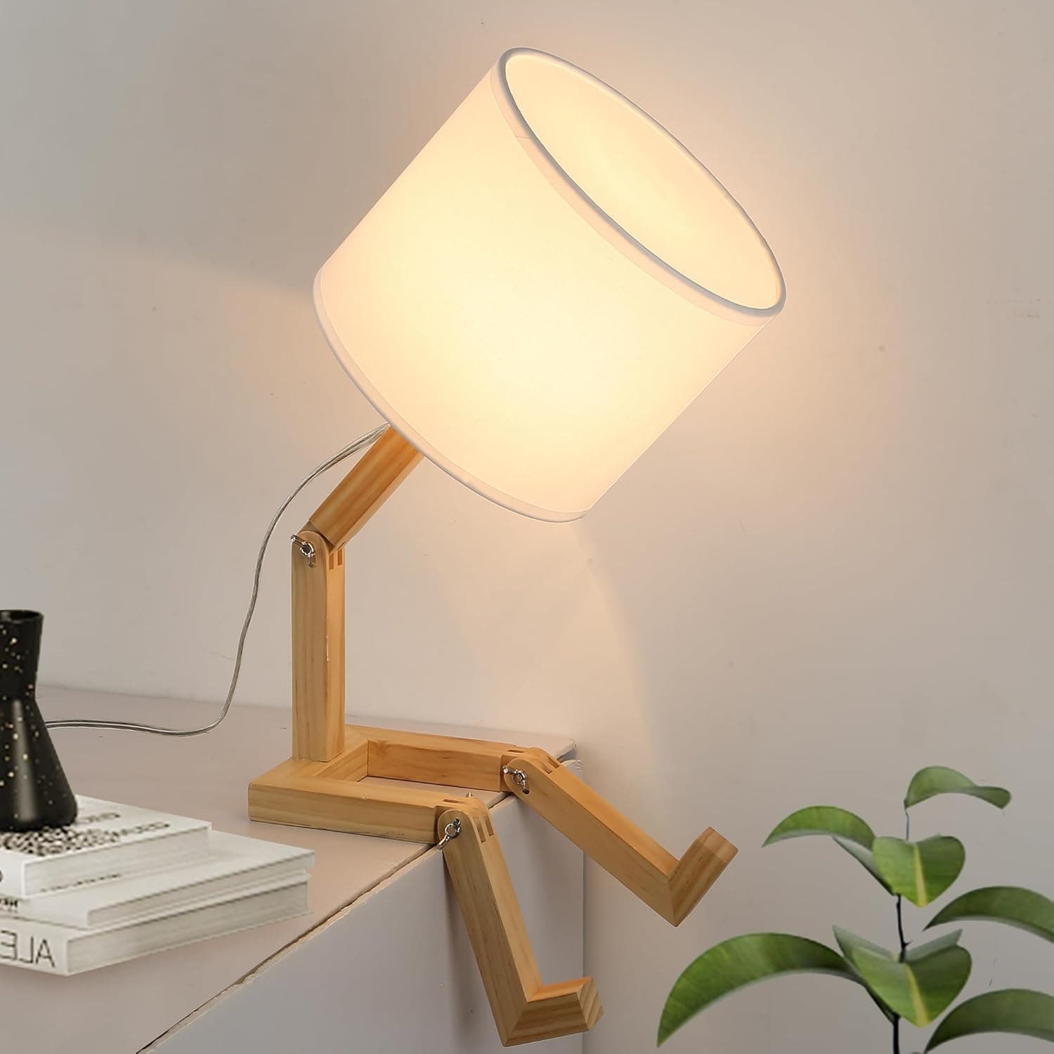 SUNLLOK Bedside Cute Table Lamp with Wood Changeable Base, Vintage White Farbic Lampshade Nightstand Lamp, Industrial Small Reading Desk Light Decor for Living Room, Kids Room, Ktichen Island - Image 2