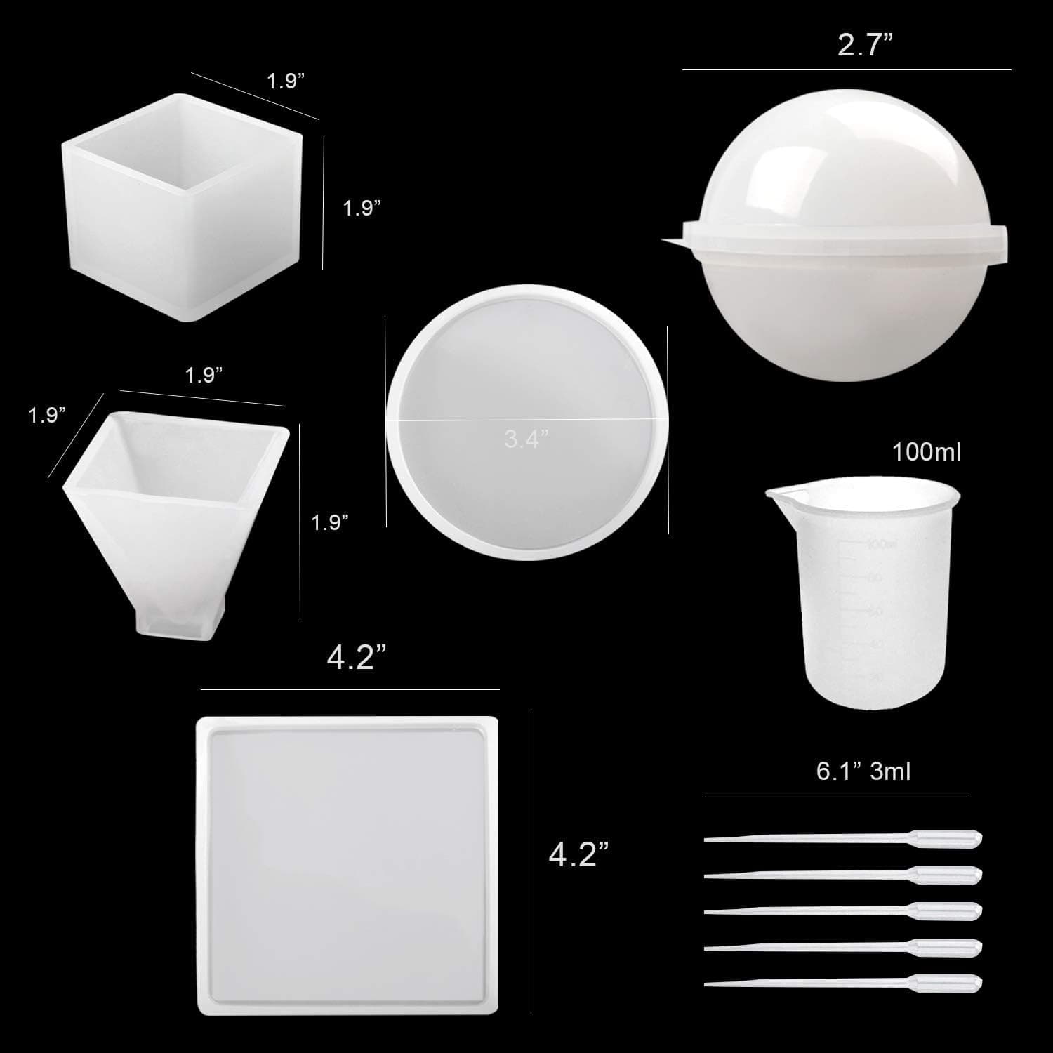 Silicone Resin Molds 5Pcs Resin Casting Molds Including Sphere, Cube, Pyramid, Square, Round with 1 Measuring Cup & 5 Plastic Transfer Pipettes for Resin Epoxy, Candle Wax, Soap, Bowl Mat etc Kit 1 - Image 3