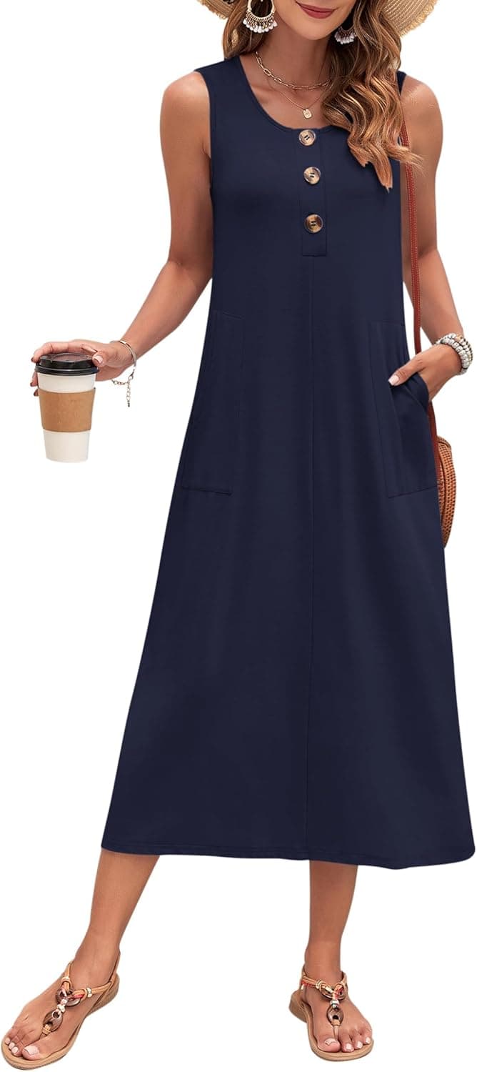 MOLERANI Women's Summer Maxi Dress 2025 Sleeveless Button Down Casual Loose Long Beach Sundress Travel Vacation Outfits Medium Navy Blue - Image 3