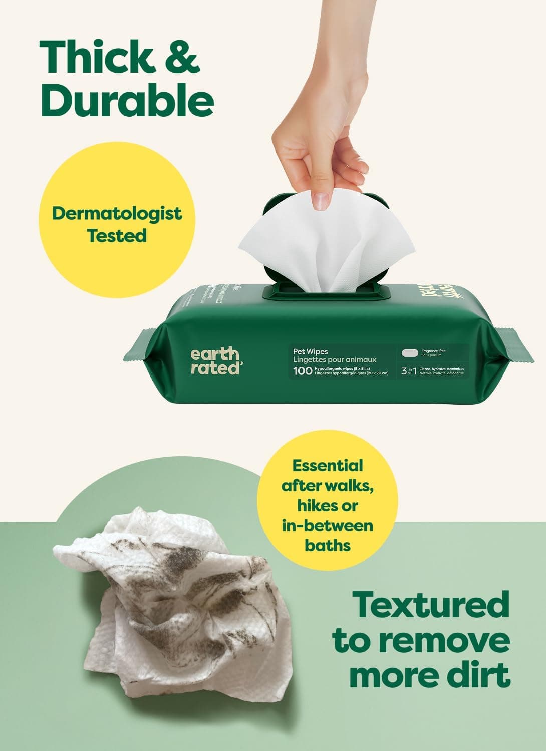 Earth Rated Pet Wipes for Dogs and Cats, Hypoallergenic, Cleaning and Hydrating, for Grooming Paws, Body and Butt, Unscented, 100 Count 100 Grooming Wipes Unscented - Image 3