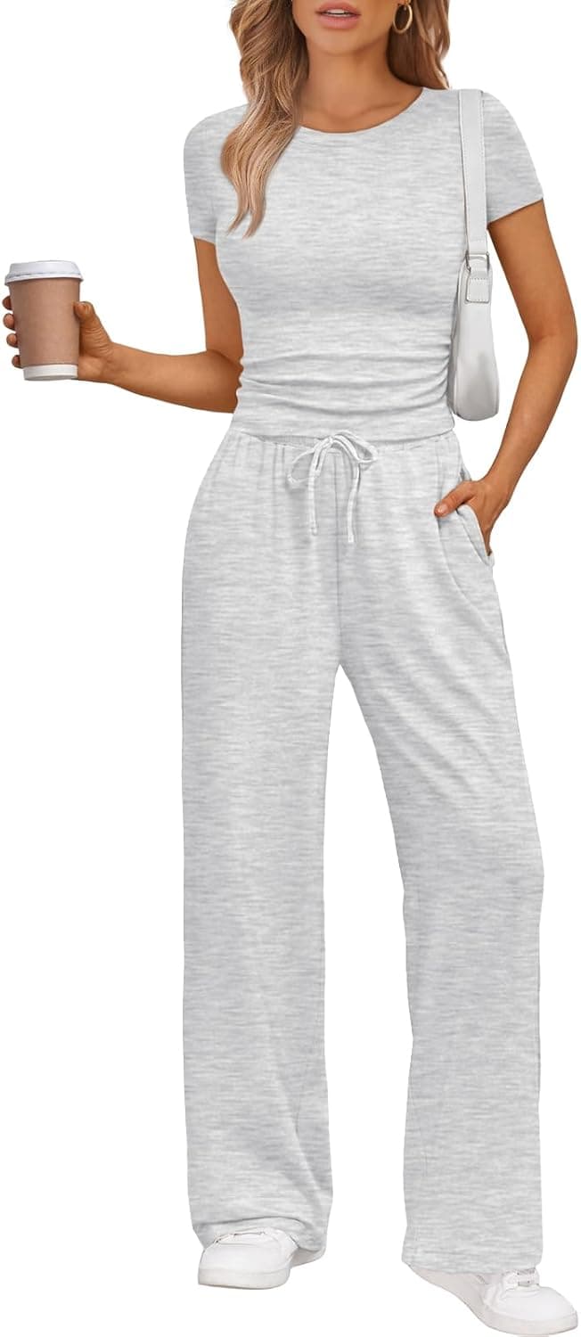 Trendy Queen 2 Piece Matching Summer Sweatsuit Lounge Set Womens Wide Leg Pants Side Ruching Crop Top Sets Oatmeal Grey Medium - Image 2