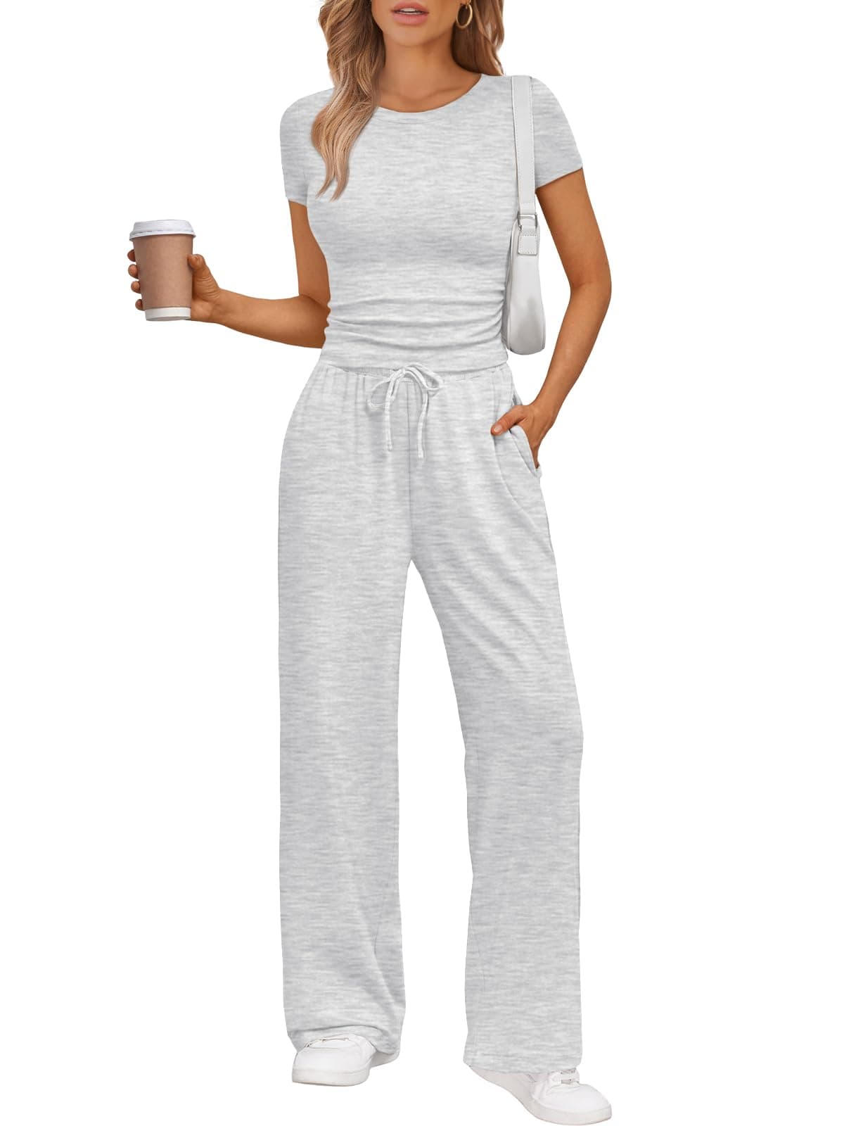 Trendy Queen 2 Piece Matching Summer Sweatsuit Lounge Set Womens Wide Leg Pants Side Ruching Crop Top Sets Oatmeal Grey Medium