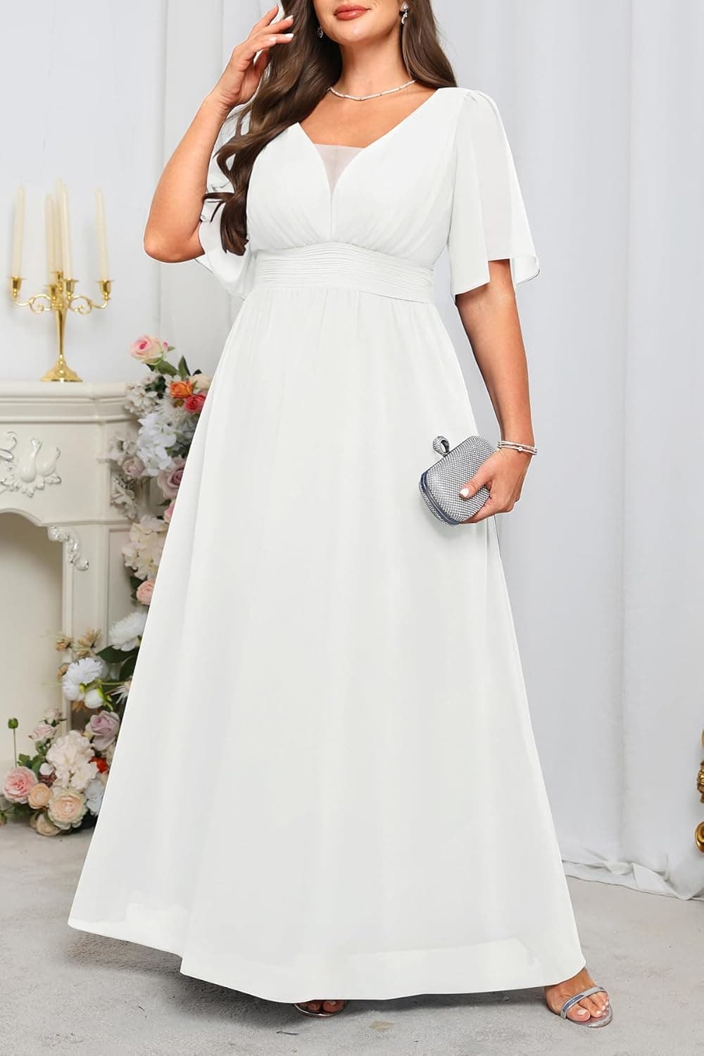 Plus Size Formal Dresses - V Neck Flutter Sleeves Evening Gowns Bridesmaid Wedding Guest Chiffon Long Maxi Dress White 18 Plus - Image 6