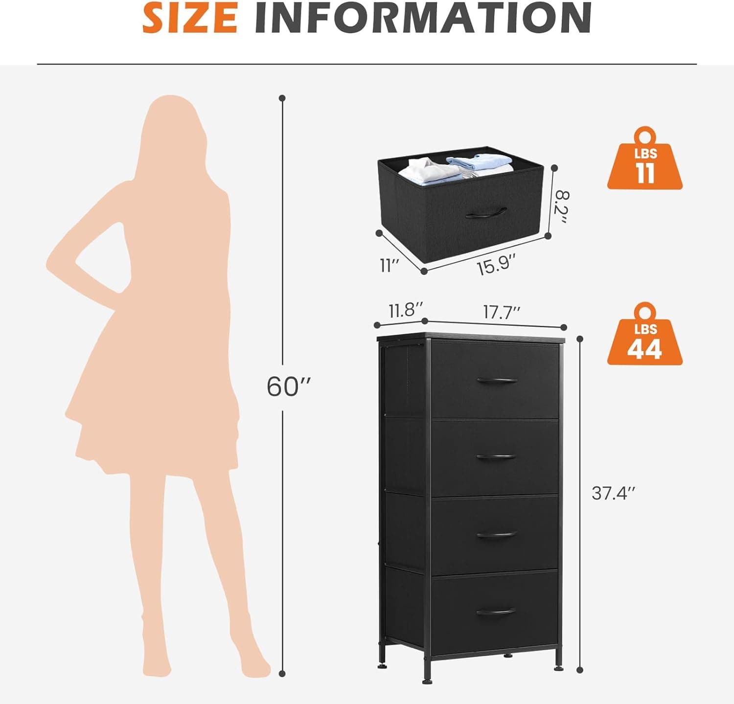 Sweetcrispy Nightstand Small Bedroom Dresser with 4 Fabric Drawers, Bed Side Furniture End Table, Wooden Top Cabinet Night Stand Dresser for Closet, Entryway, Dorm, Black Black 17.7"D x 11.8"W x 37"H (4 Drawers) - Image 4