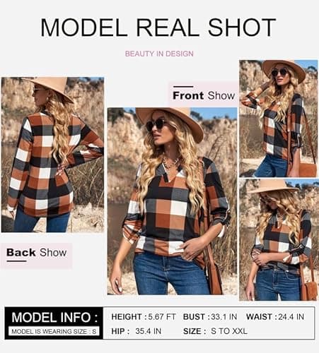Dokotoo Womens Spring Summer Fall Fashion Casual Ladies Basic Cotton Cuffed 3/4 Long Sleeve Plaid Print V Neck Work Tunic Tops and Blouses Shirts for Women 2024 Orange - Image 4