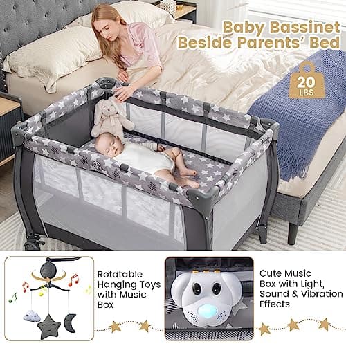 Costzon 3 in 1 Pack and Play with Bassinet, Portable Baby Playard with Changing Table, Music Box, Whirling Toys, Wheels/Brake, Basket, Bag, Foldable Infant Bassinet for Baby Toddlers Indoor Outdoor - Image 6