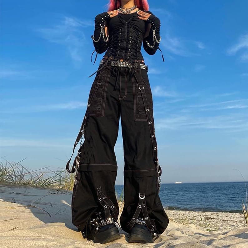 Women Vintage Goth Hip Hop Jeans Punk High Waisted Baggy Bootcut Jeans Strap Chain Striped Wide Leg Denim Pants Black Small - Image 3