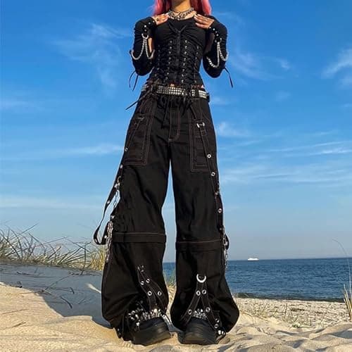 Kodaruber Women Vintage Goth Hip Hop Jeans Punk High Waisted Baggy Bootcut Jeans Strap Chain Striped Wide Leg Denim Pants(Black,Small) - Image 2