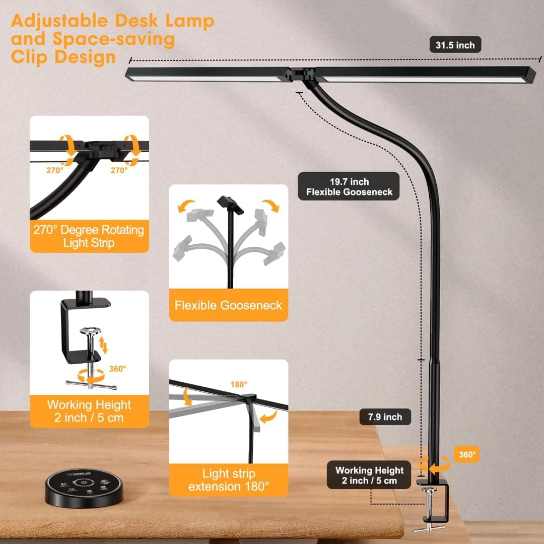 Led Desk Lamp for Office Home - Eye Caring Architect lamp with Clamp,Dual Screen Computer Monitor Gooseneck Smart Light: 24W 5 Color Flexible Adjustable Lighting Table Lamp for Study Drafting Black - Image 6