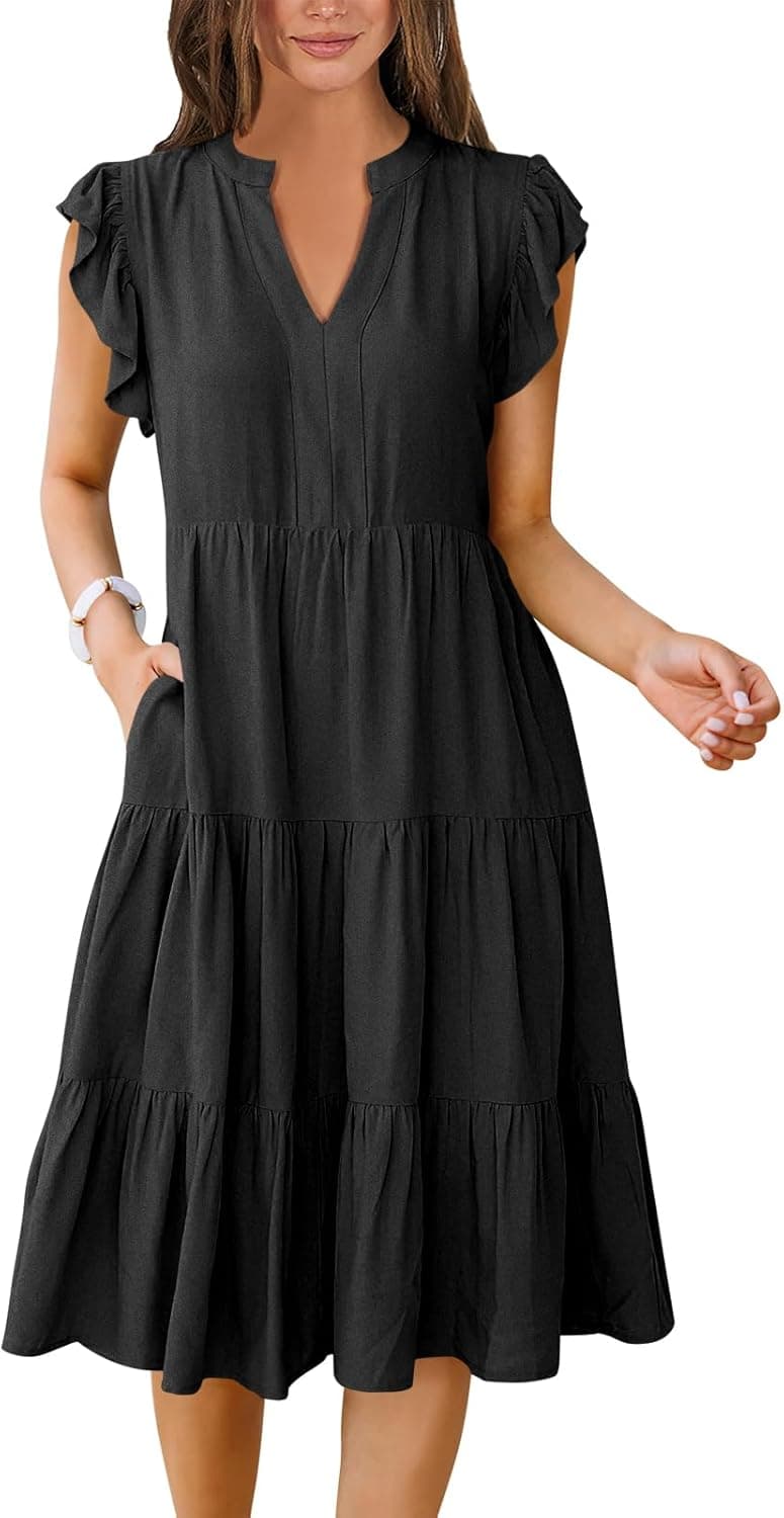 ANRABESS Womens Summer Dress Ruffle Sleeve V Neck Midi Dresses Fashion Casual Fit Flowy Tiered Boho Beach Vacation Sundress Black Medium - Image 2