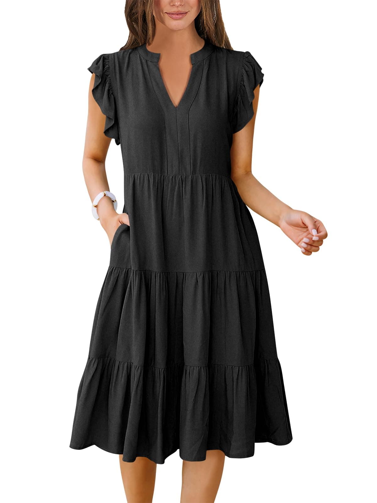 ANRABESS Womens Summer Dress Ruffle Sleeve V Neck Midi Dresses Fashion Casual Fit Flowy Tiered Boho Beach Vacation Sundress Black Medium