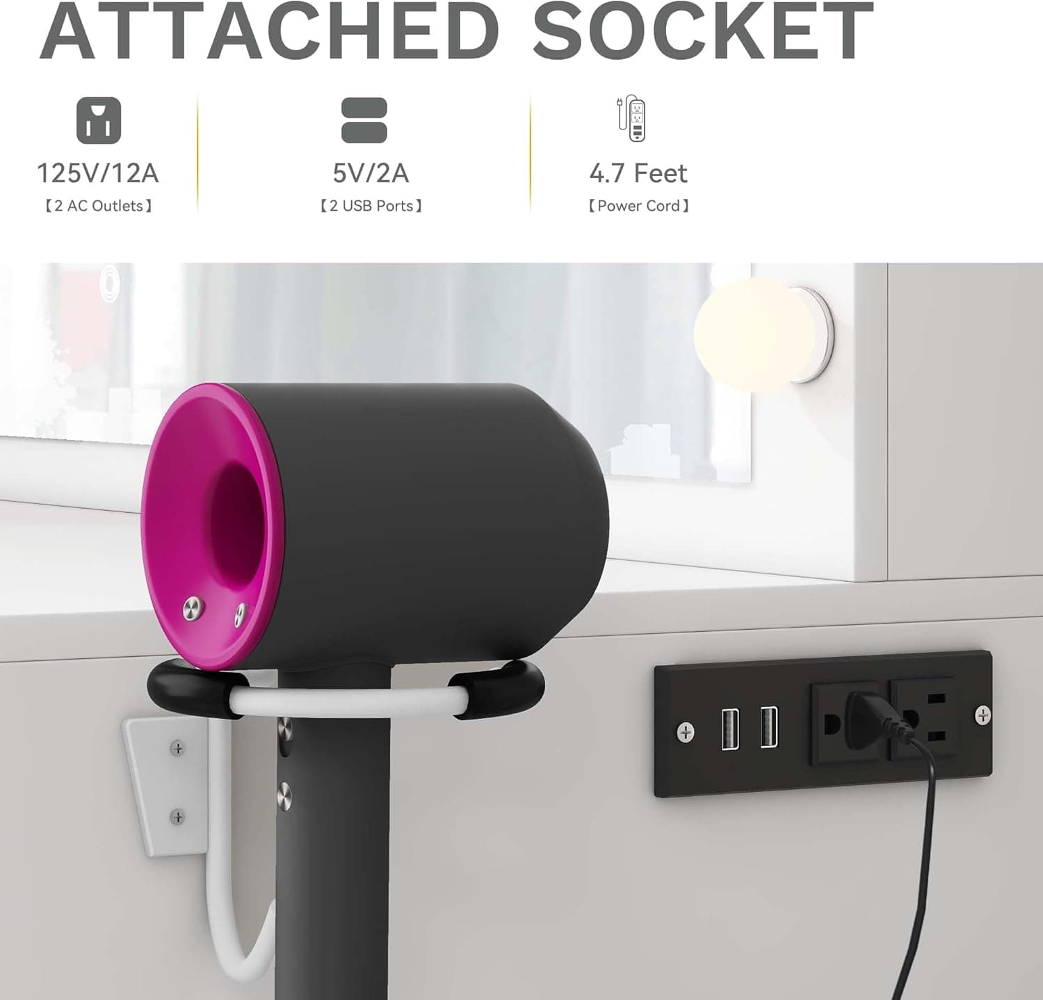 DWVO LED Makeup Vanity Table with 3 Light Modes, 4 Storage Drawers, Built-in Power Outlets & Hairdryer Holder, Dressing Table with Cushioned Stool Cool White Bulbs - Image 5