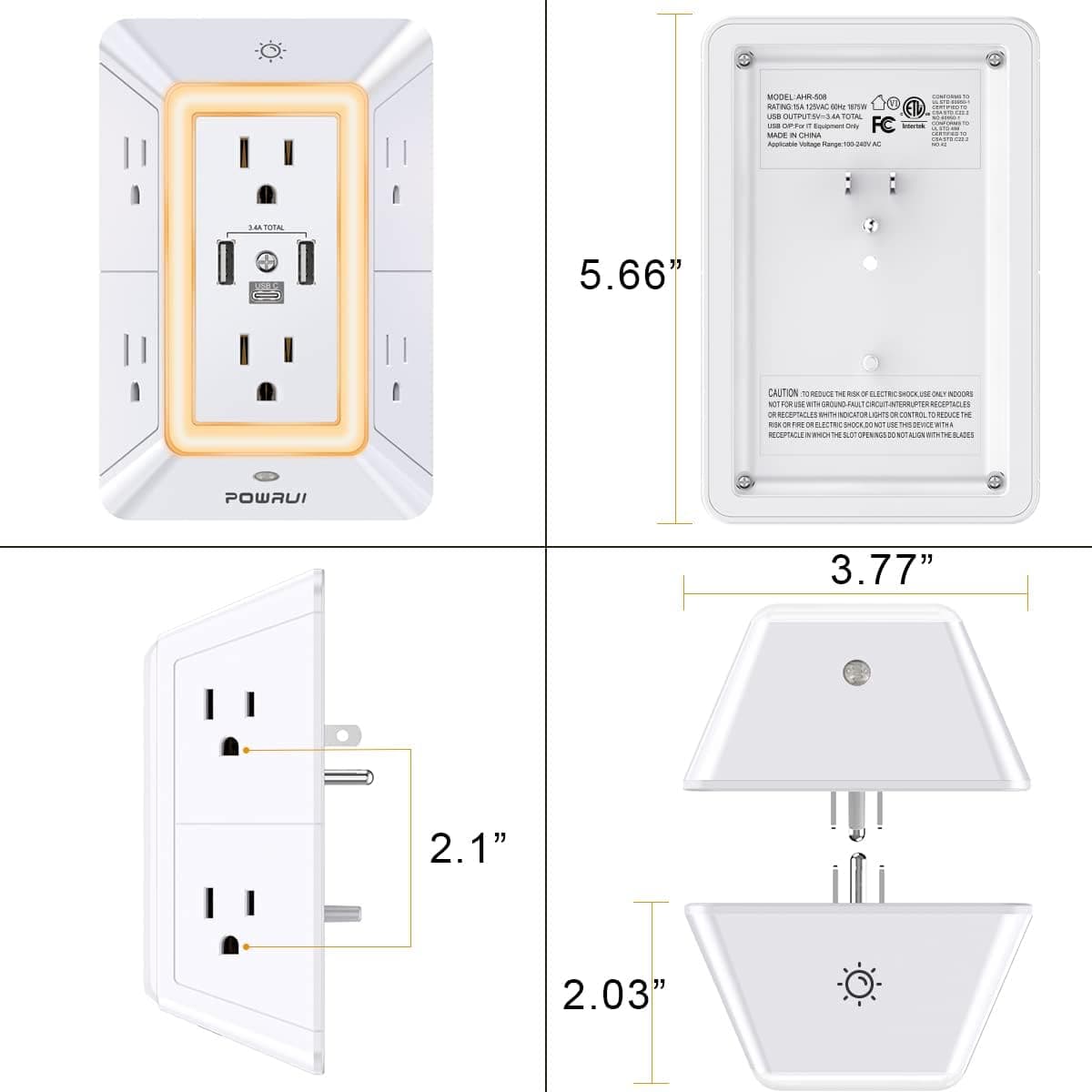 POWRUI Multi Plug 6 Outlet Surge Protector Extender with 3 USB Ports (1 USB C) and Night Light, 3-Sided Power Strip with Adapter Spaced Outlets, ETL Listed, White 2U1C White - Image 9