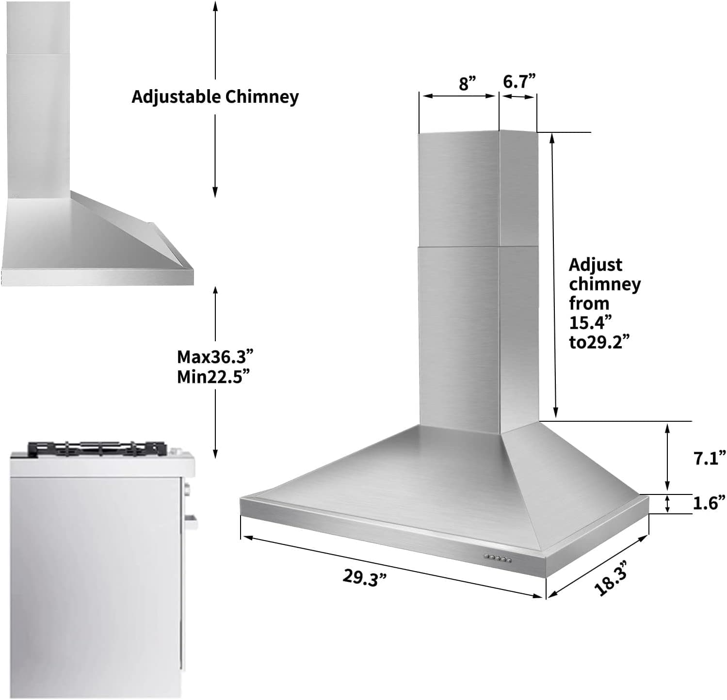 Wall Mount Range Hood 30 inch with Ducted/Ductless Convertible Duct, Stainless Steel Chimney-Style Over Stove Vent Hood with LED Light, 3 Speed Exhaust Fan, 450 CFM Button Control Mesh Filters - Image 8