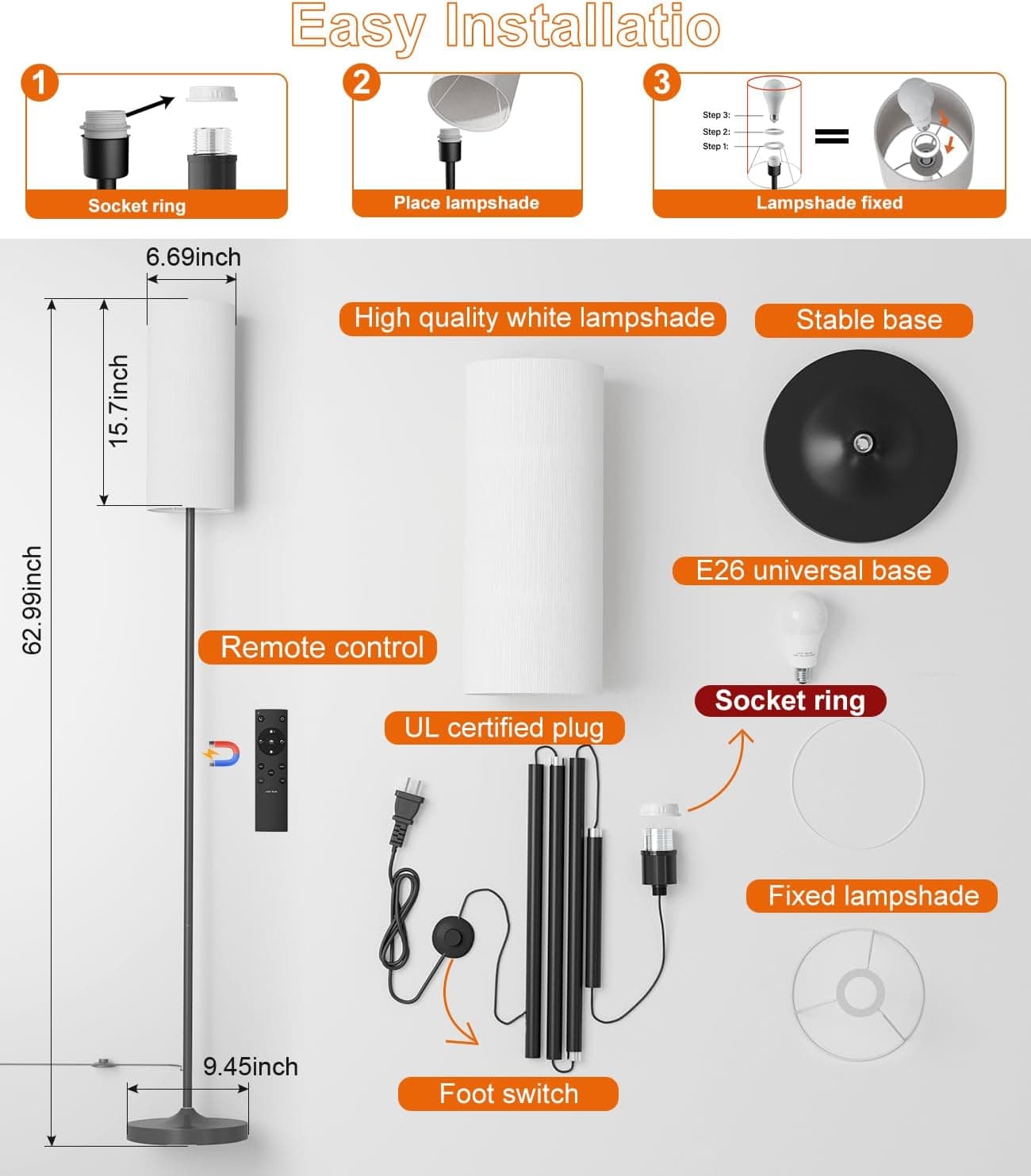 luckystyle Dimmable Floor Standing Tall Lamp, 12W Led Bulb with Lampshade, Foot Switch, Remote Custom Color Temperature Pole for Bedroom, Office, Kids & Living Room, Black - Image 5