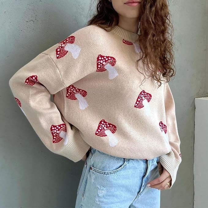 Apvirdy Mushroom Sweater Women Crewneck Long Sleeve Knit Sweater Loose Cute Graphic Pullover Sweater Apricot Mushroom Sweater Small - Image 7