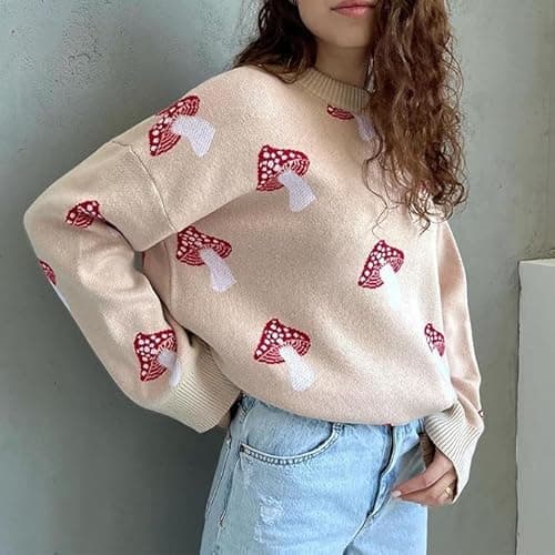 Apvirdy Oversized Sweater for Women Fall Mushroom Sweater Cute Mock Neck Long Sleeve Boyfriend Sweater Retro Knit Pullover Tops - Image 6