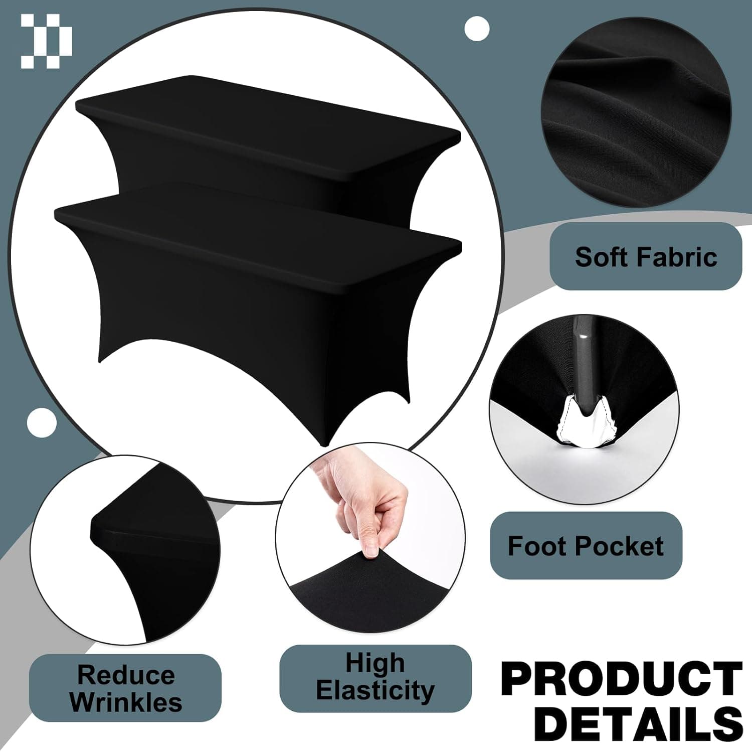 Trlyc 2件装 6英尺氨纶桌布 - 72 x 30英寸矩形拉伸桌布，抗皱拉伸桌罩，适用于婚礼、派对、宴会、野餐、户外装饰 (2件，黑色) 72" x 30" (6英尺 - 2件装) 黑色 - Image 4